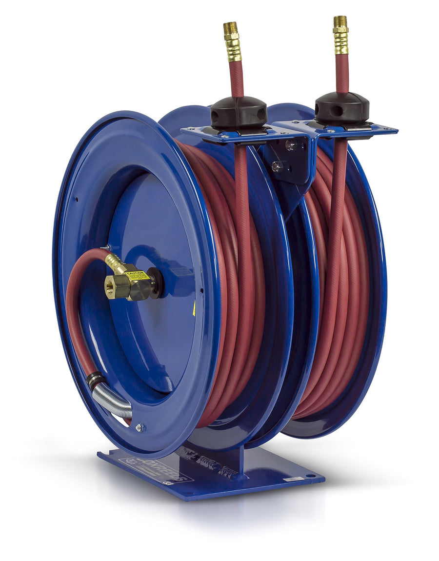 Coxreels Dual Purpose C-LP-350-350 Two Hose/Cord Reel - ⅜” Hose ID - 50' Length PVC Hose and 50' SJO Cord Included - Compact For Air Compressor, Garden and Pressure Washer Hoses Made in USA