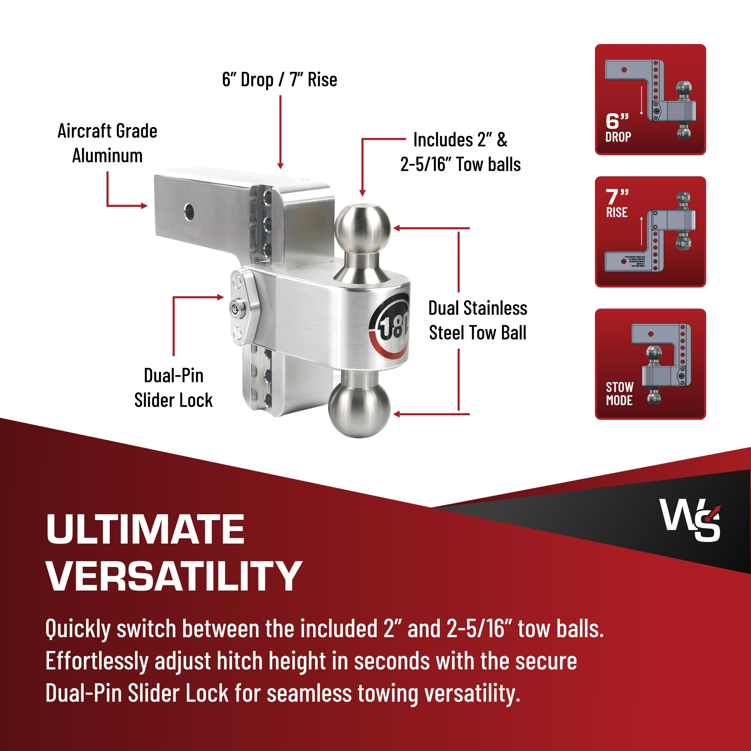 Adjustable Weigh Safe Trailer Hitch Ball Mount - 6" Adjustable Drop Hitch for 3" Receiver - Premium Heavy Duty Aluminum Trailer Tow Hitch w/ Stainless Steel Tow Balls (2" & 2 5/16") - 21,000 lbs GTW