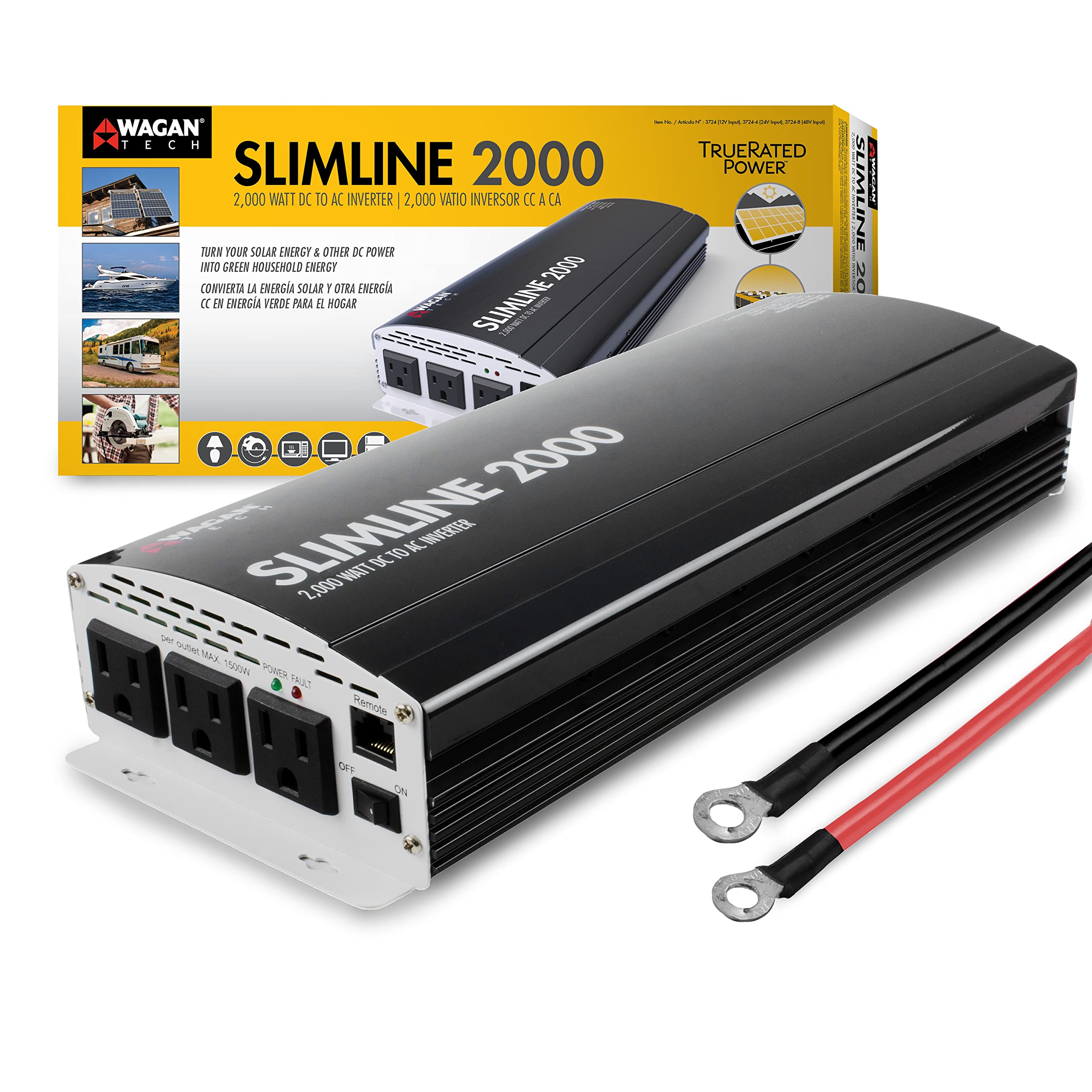 2000W Wagan Slim Line AC to DC Power Inverter 2000W TrueRated Continuous 4500W Surge Power DC 12V to AC 110V Power Inverter with 3 AC Outlets and 2A USB Charging Port