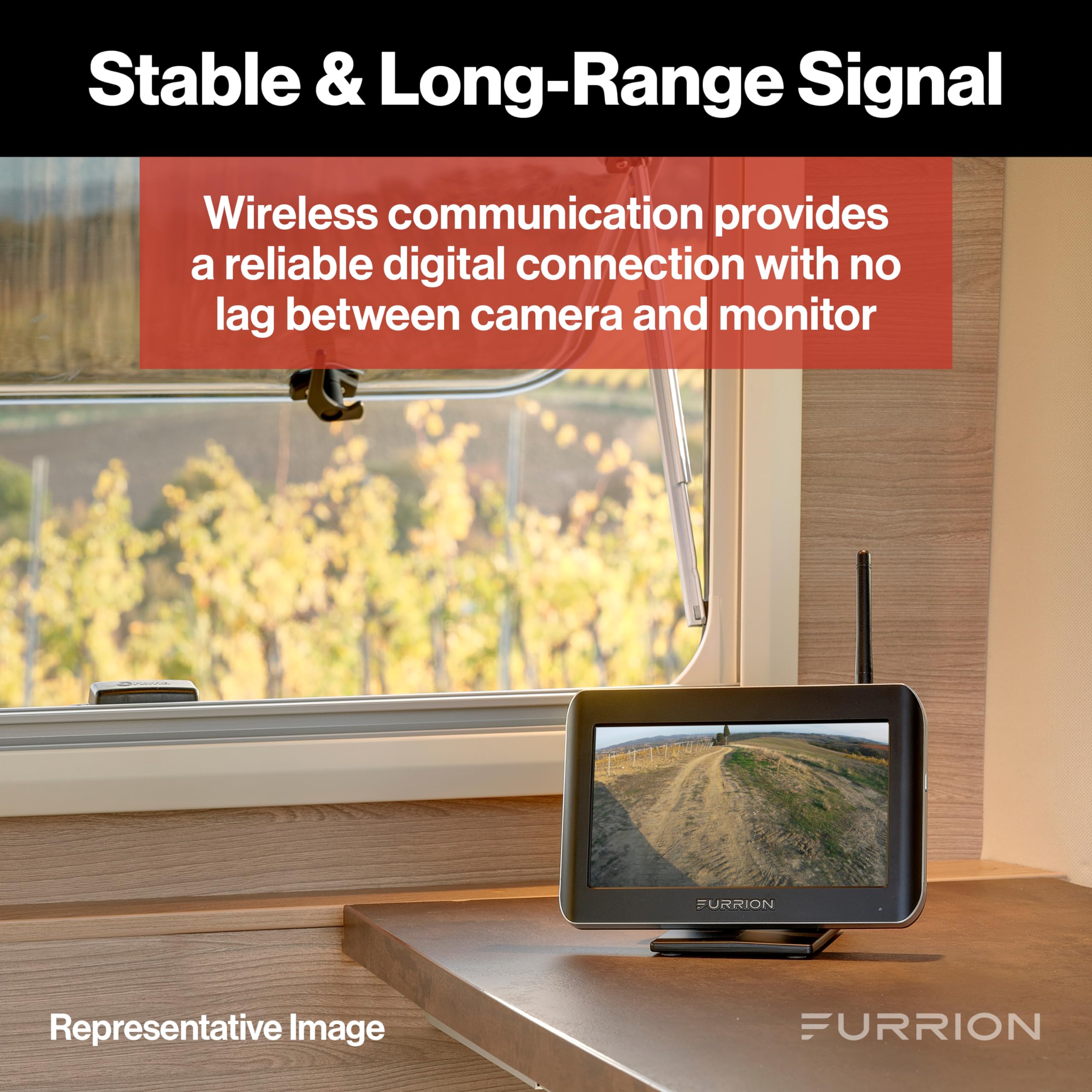 Furrion Wireless Vision S RV Backup Camera System with 4.3-Inch Monitor, 1 Rear Sharkfin, Infrared Night Vision, Wide-Angle View, Hi-Res, IP65 Waterproof, Motion Detection, Microphone - FOS43TASF