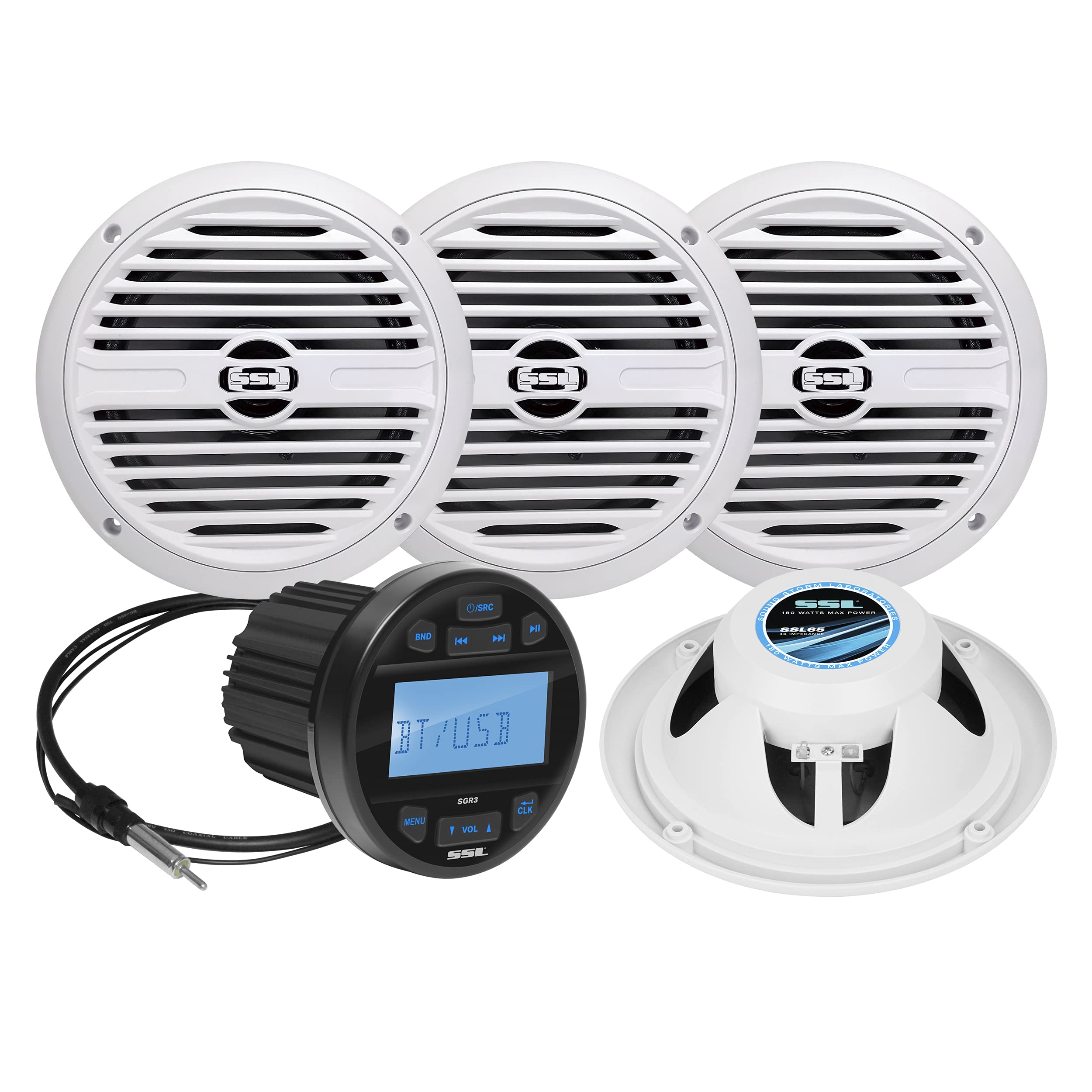 Sound Storm Laboratories Weatherproof SGR3.64 Marine Receiver and Speaker Package - IPX6 Rated Receiver, Bluetooth, USB, AM/FM Tuner, No CD Player, 6.5 Inch 2-Way Speakers x 4, Dipole Antenna