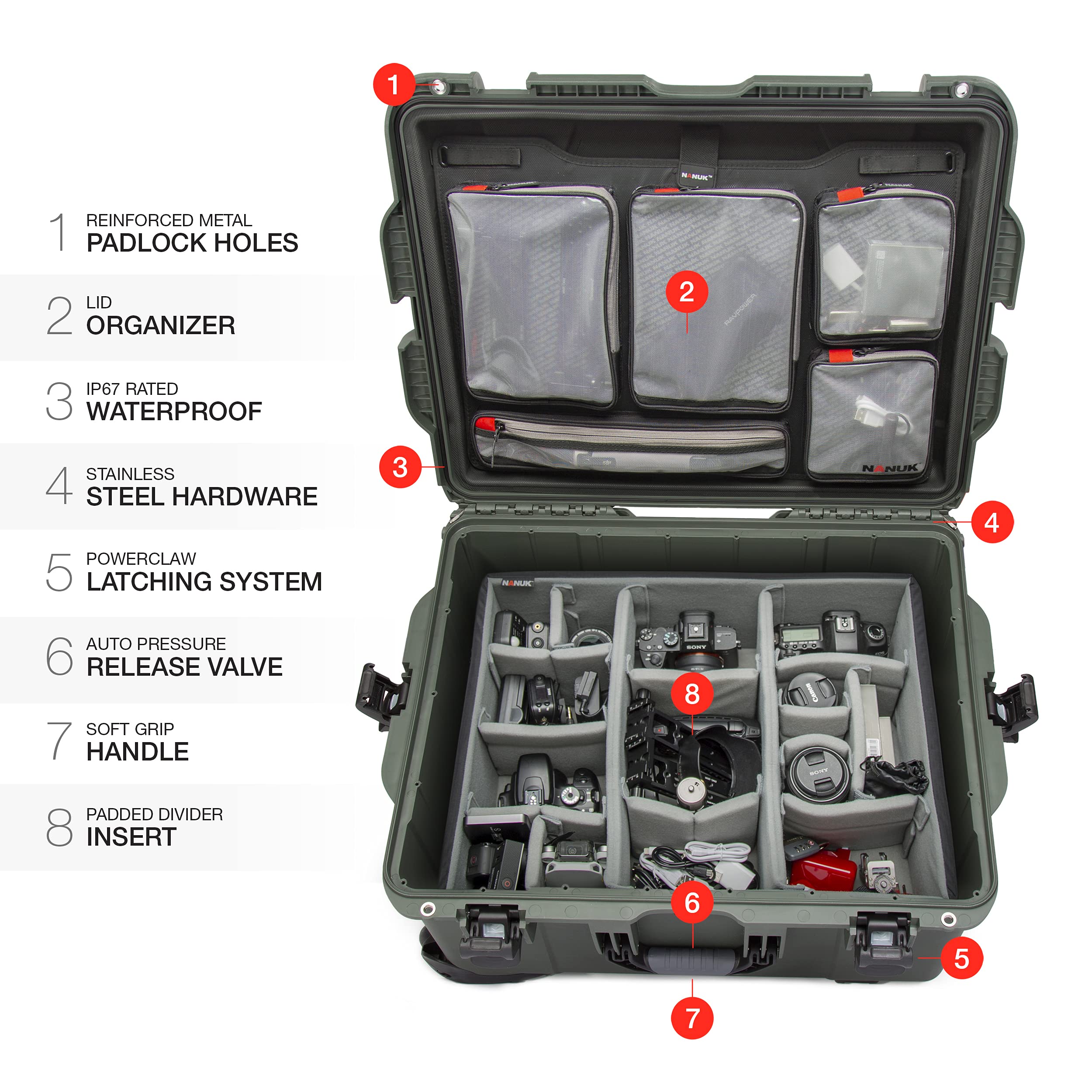NANUK 960 Wheeled Series Lightweight NK-7 Resin Waterproof Hard Case with Padded Dividers and Lid Organizer, Olive