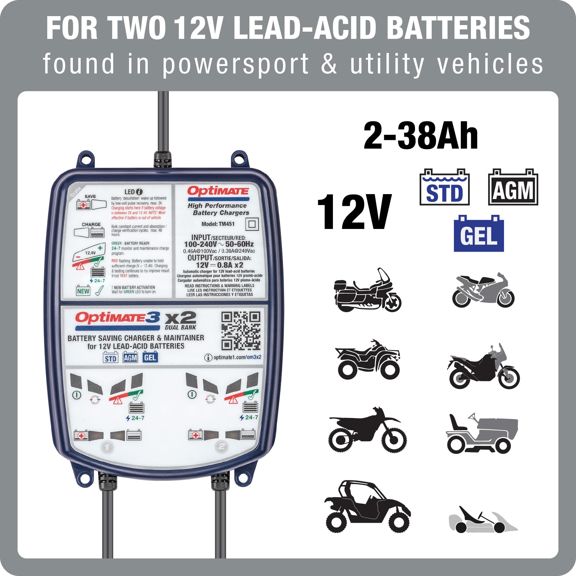 Optimate 3 TM-451 Dual Bank, 7-Step 2x12V 0.8A Sealed Battery Saving Charger & maintainer