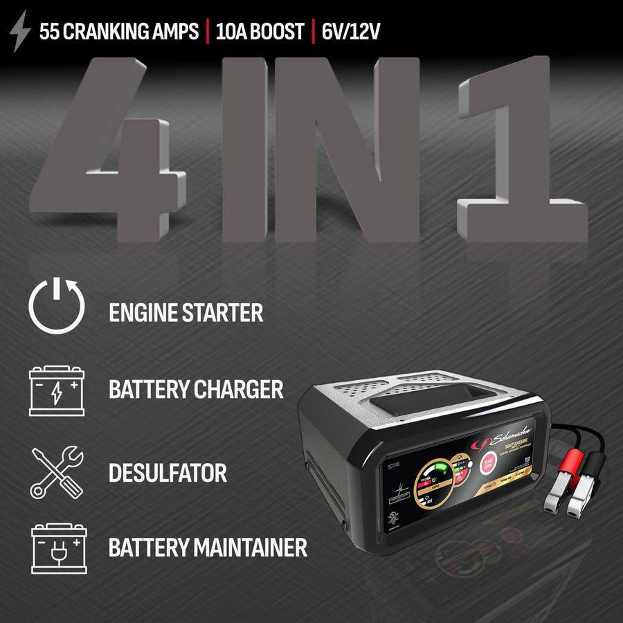 6A Schumacher Electric Car Battery Charger and 55A Engine Starter, 4-in-1 Solution, Maintainer, 10A Boost, for 6V/12V Power Sport, Automotive, and Marine Batteries, SC1340
