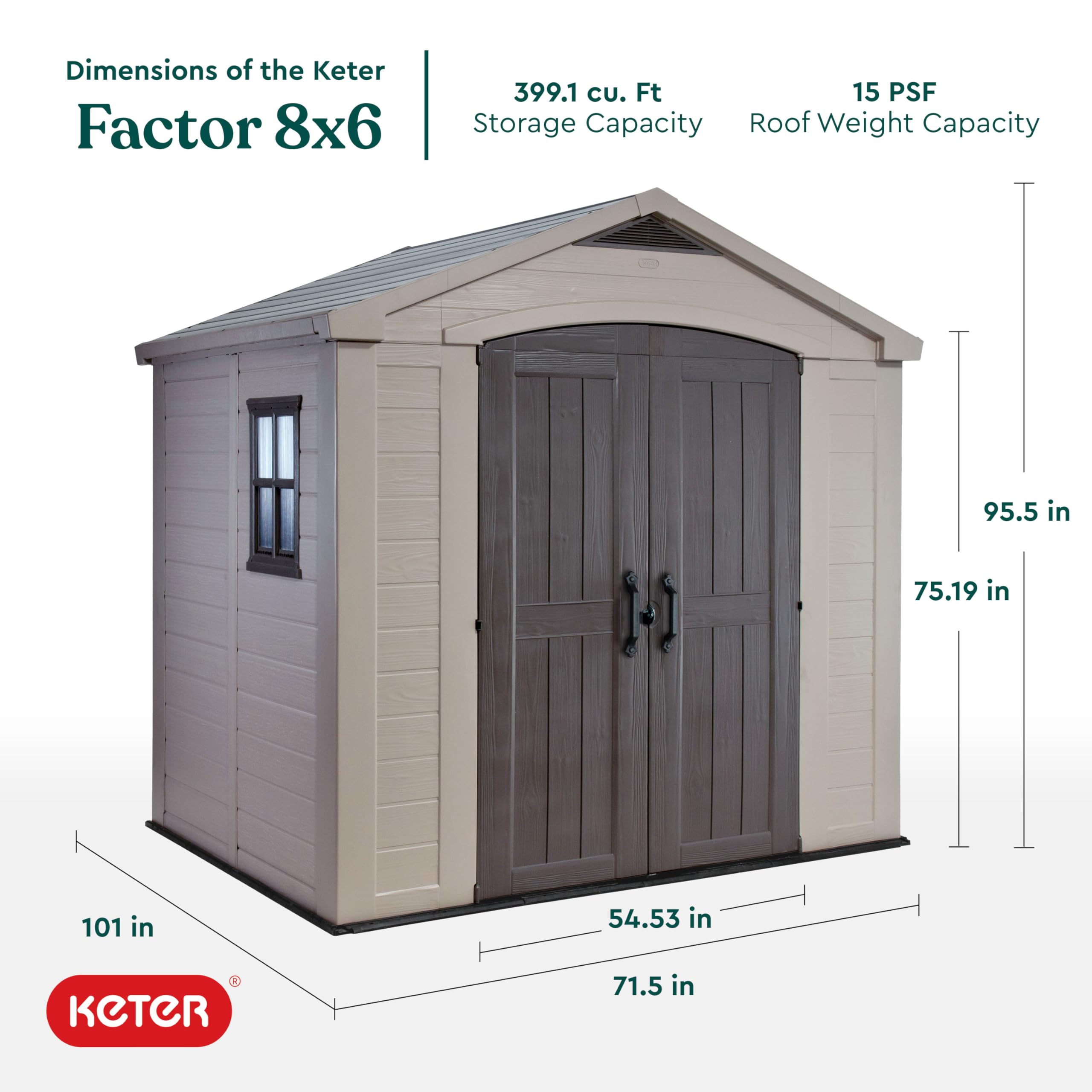 Keter Large Factor (8x6 ft) Resin Outdoor Storage Shed for Patio Furniture, Lawn Mower, Garden Accessories Yard Tools, and Pool Toys, Taupe