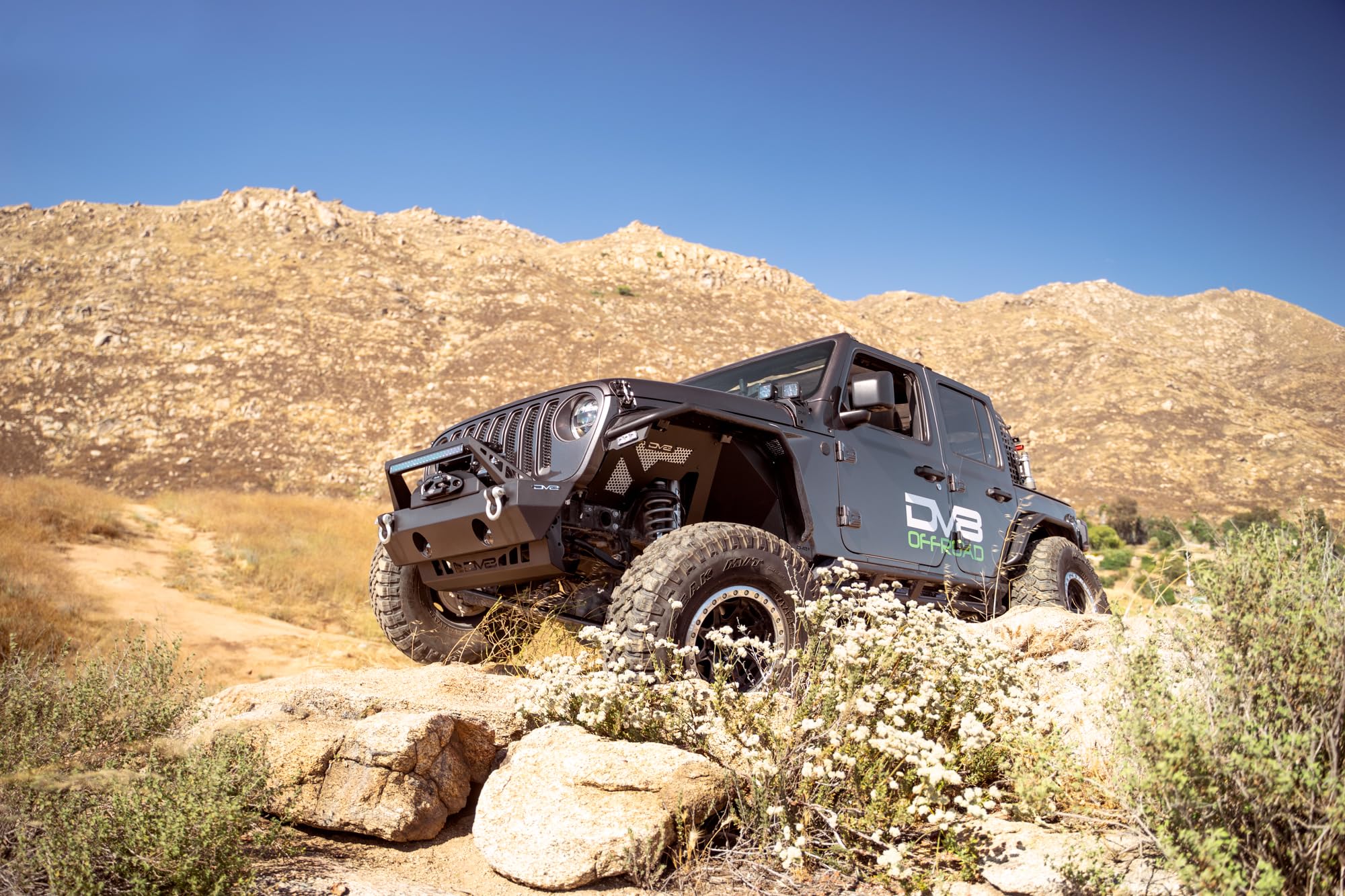 DV8 Offroad FS-25 Front Stubby Bumper for the 2007-2025 Jeep Wrangler JL/JK & Gladiator JT | Plated Bolt-On Bull Bar | Fog Light Mounts | Winch Mount Compatible With Multiple Sizes