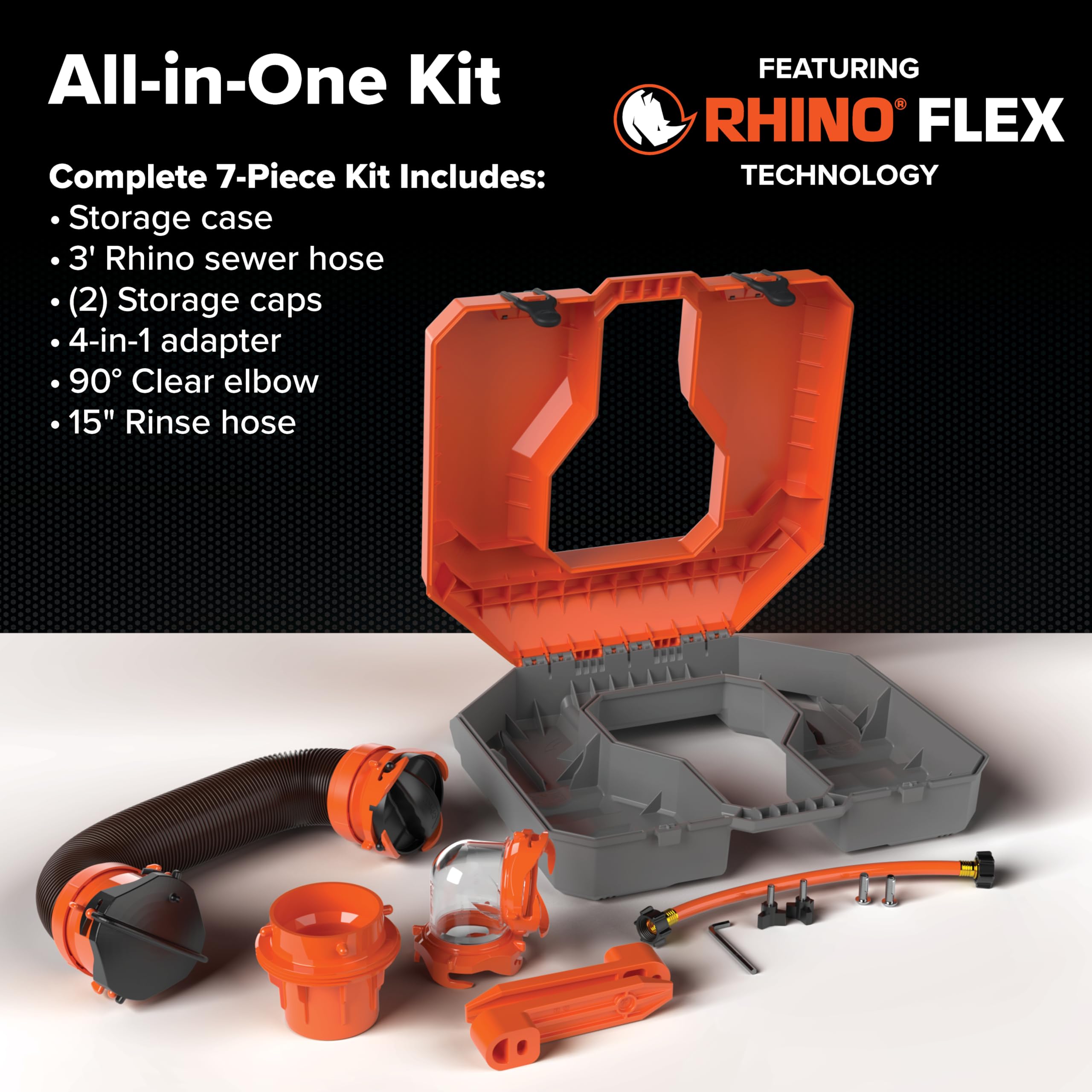 Camco Tough-Pack Rhino Tote Tank – Essential RV Accessory for Efficient Waste Management – Compact 7-Piece Kit Includes Sewer Hose & RV Storage Case (39023)
