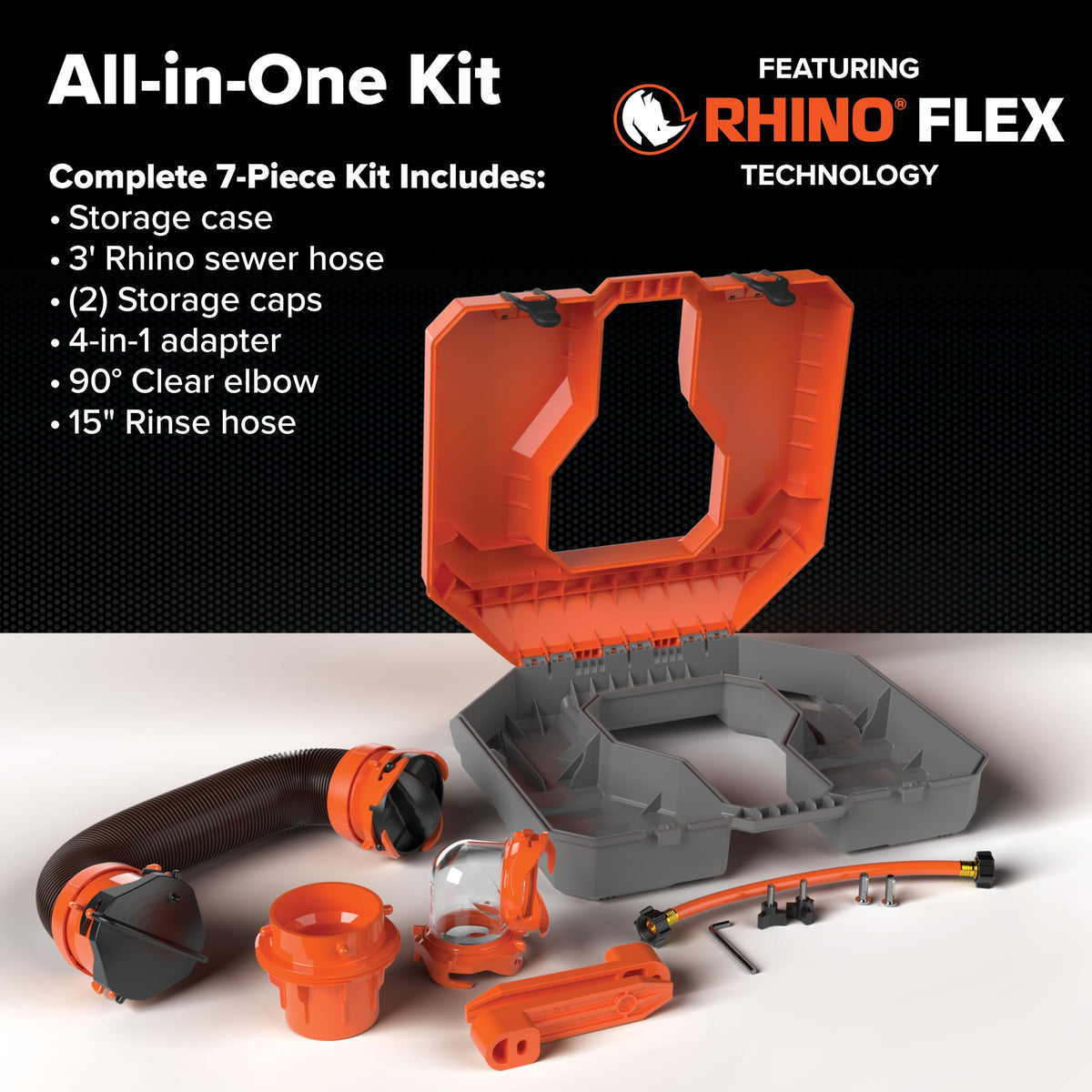 Camco Tough-Pack Rhino Tote Tank – Essential RV Accessory for Efficient Waste Management – Compact 7-Piece Kit Includes Sewer Hose & RV Storage Case (39023)