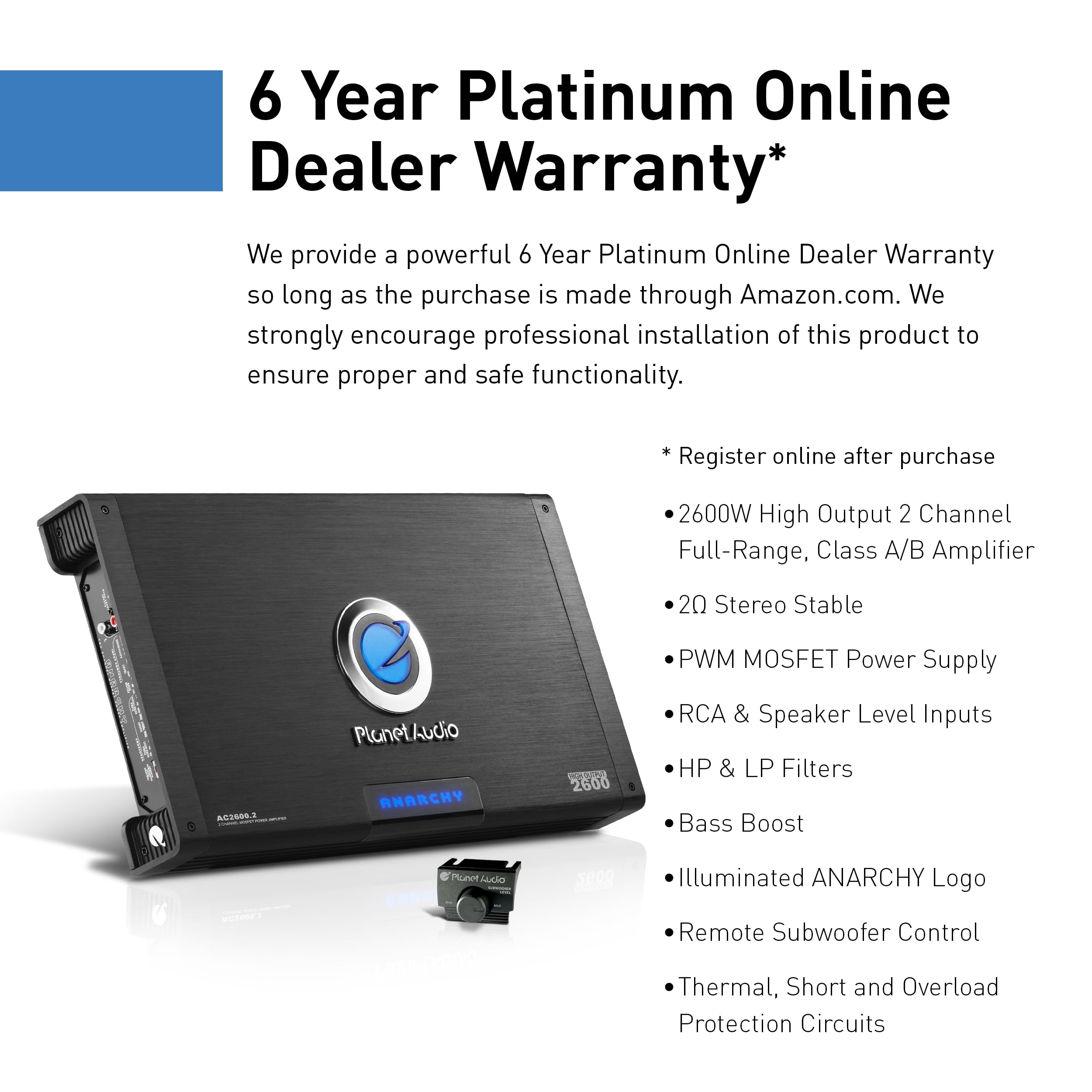 Anarchy Series Planet Audio AC2600.2 2 Channel Class A/B Car Amplifier - 2600 High Output, 2-8 Ohm Stable, High/Low Level Inputs, High/Low Pass Crossover, Full Range, Hook Up to Subwoofer for Bass