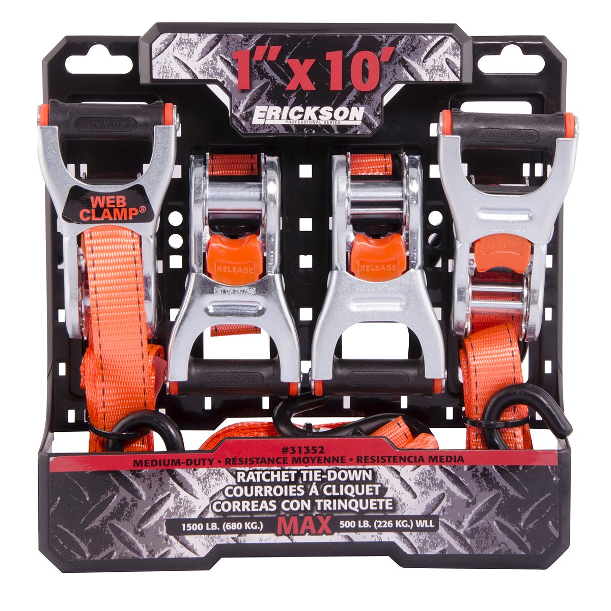 1" X 15' Web Clamp Ratchet Tie-Down Erickson 31352, Pack of 4, 1500 lb. Load Capacity