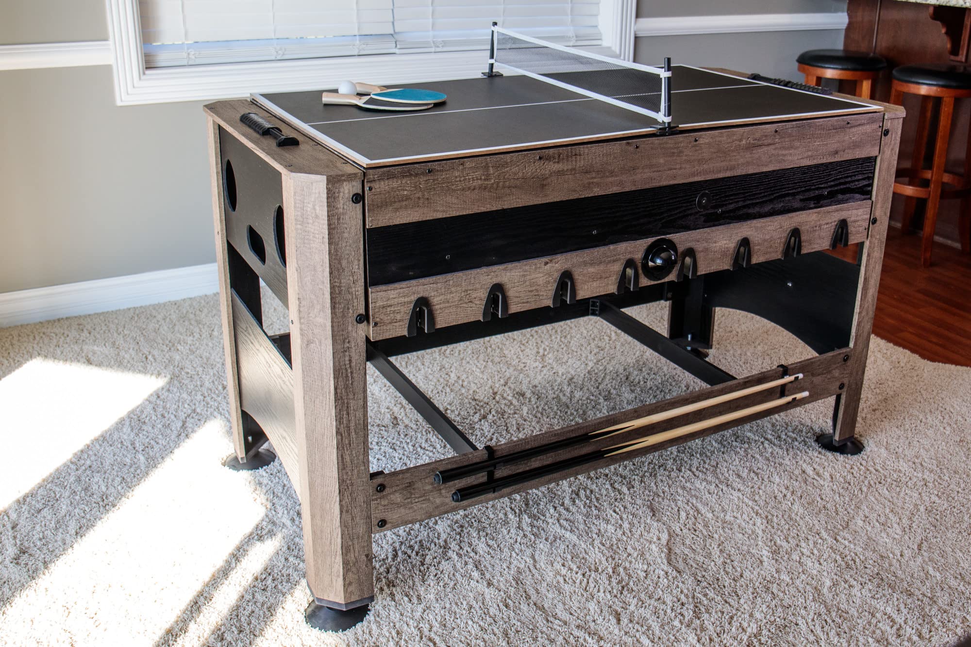 56” Triumph 4-in-1 Swivel Multi-Game Table - Air Hockey, Billiards, Foosball, Ping Pong - Rustic Wood Grain Finish