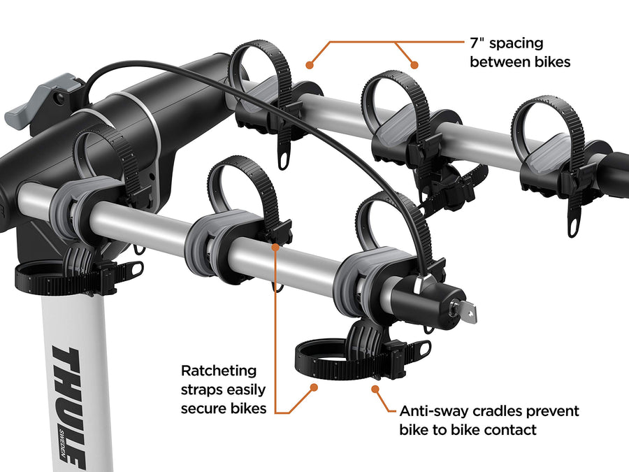Thule Hanging Helium Pro Bike Rack - Carries 2 Bikes - Lightweight Hitch Bike Rack - Fits 2" and 1.25" receivers - Quick Tool-Free Installation - Tilts for Trunk Access - 75lb Load Capacity