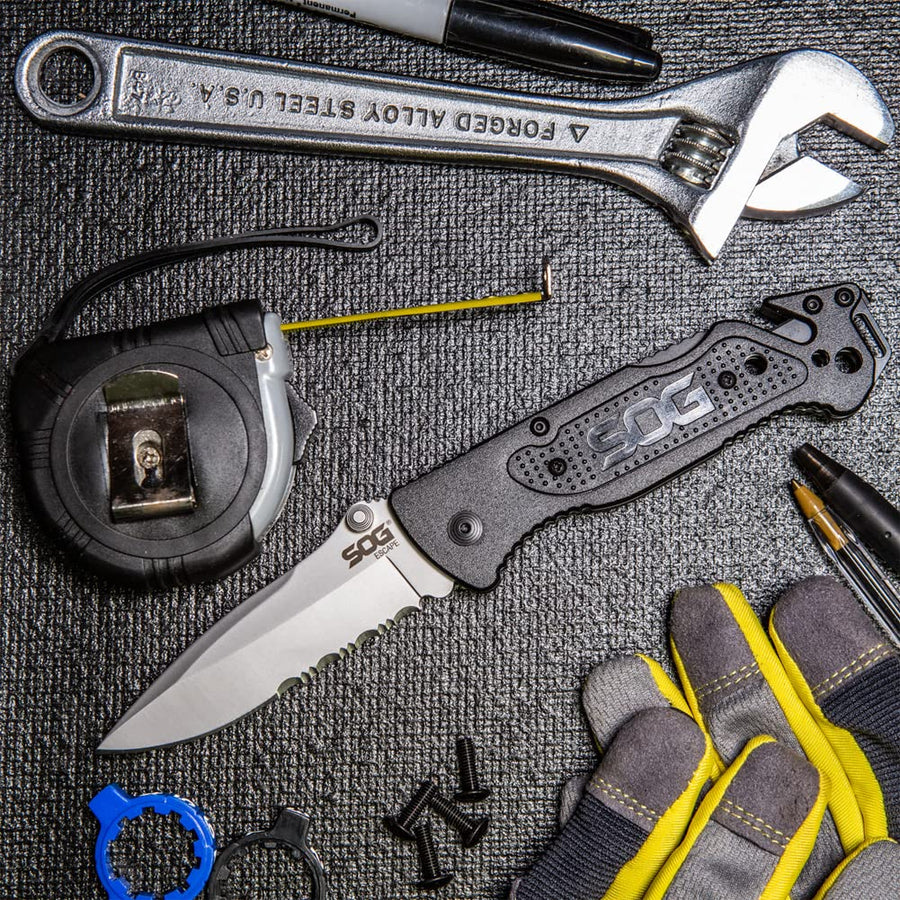 SOG Tactical Escape Folding Pocket Knife- 3.4 Inch Serrated Edge Blade Knife w/ Glass Breaker, Wire Stripper and Line Cutter Blades-Satin (FF25-CP),Black