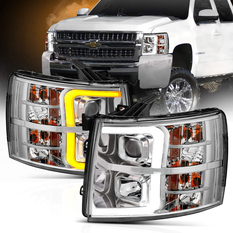 ANZO (111411) USA 07-13 Chevrolet Silverado 1500/2500/3500 Proj Headlights w/Plank Style Switchback Chrome w/Amb