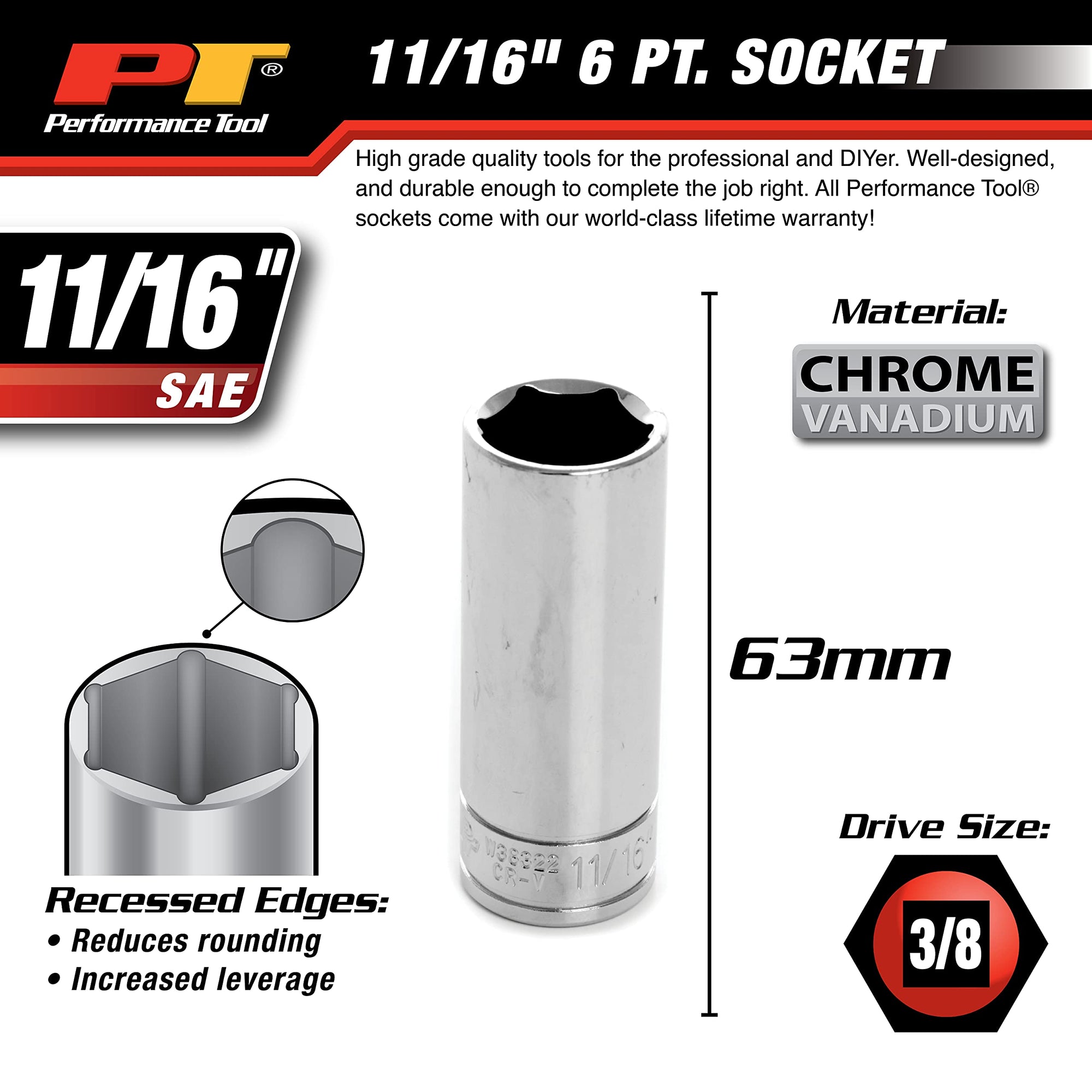 W38322 Performance Tool 6-Point Socket, 3/8-Inch Drive, 11/16