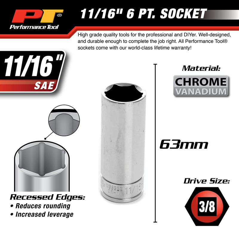 W38322 Performance Tool 6-Point Socket, 3/8-Inch Drive, 11/16