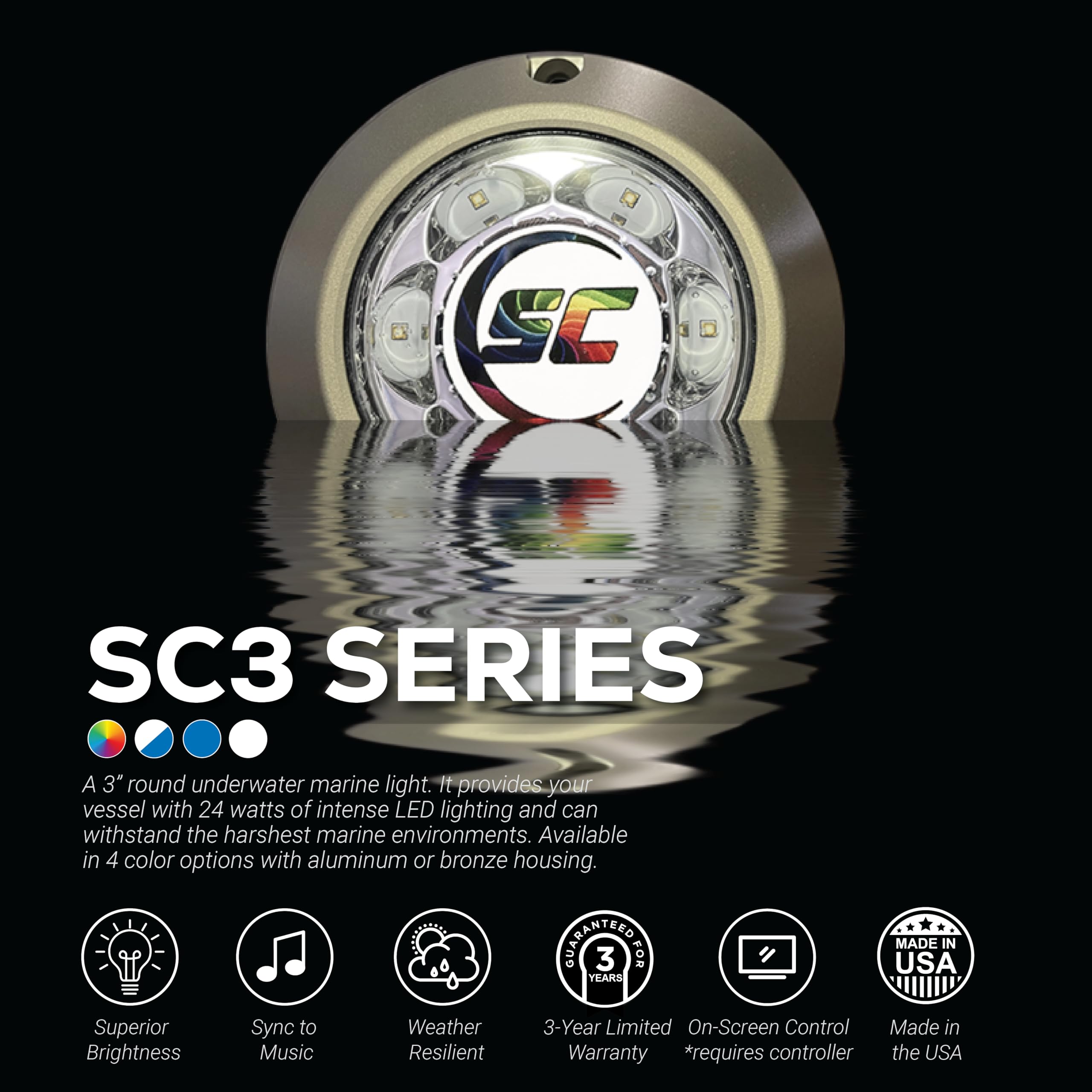 SC3 shadow-caster 3" Bronze LED Underwater Boat Light - Dual Color Blue/White Combo - 24 Watts - Tempered Glass Lens