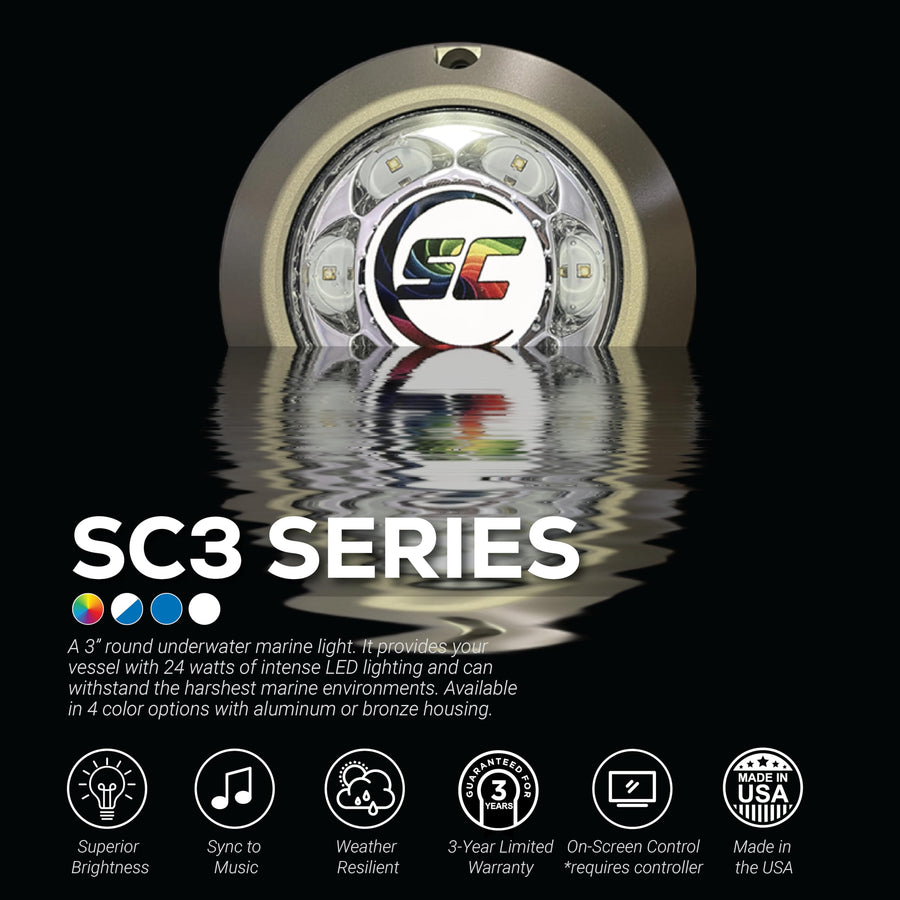 SC3 shadow-caster 3" Bronze LED Underwater Boat Light - Color-Changing (RGBW) - 24 Watts - Tempered Glass Lens