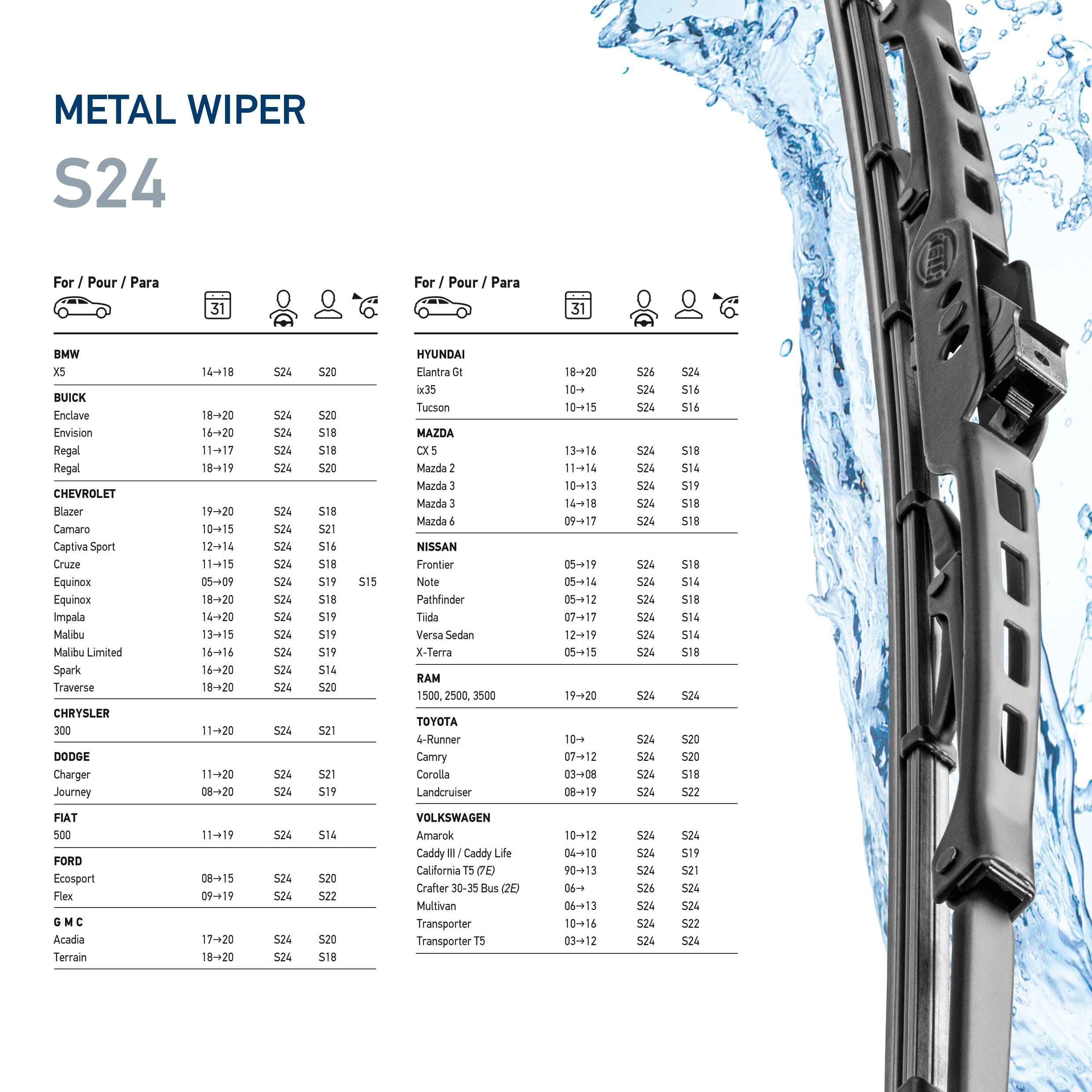Hella 24 Inch Oe Quality All Seasons Streak-Free Rubber Standard Wiper Blade (Single Blade) fits select BMW Chevrolet Chrysler Dodge Ford GMC Hyundai Mazda Nissan Ram Toyota Volkswagen / 9XW398114024