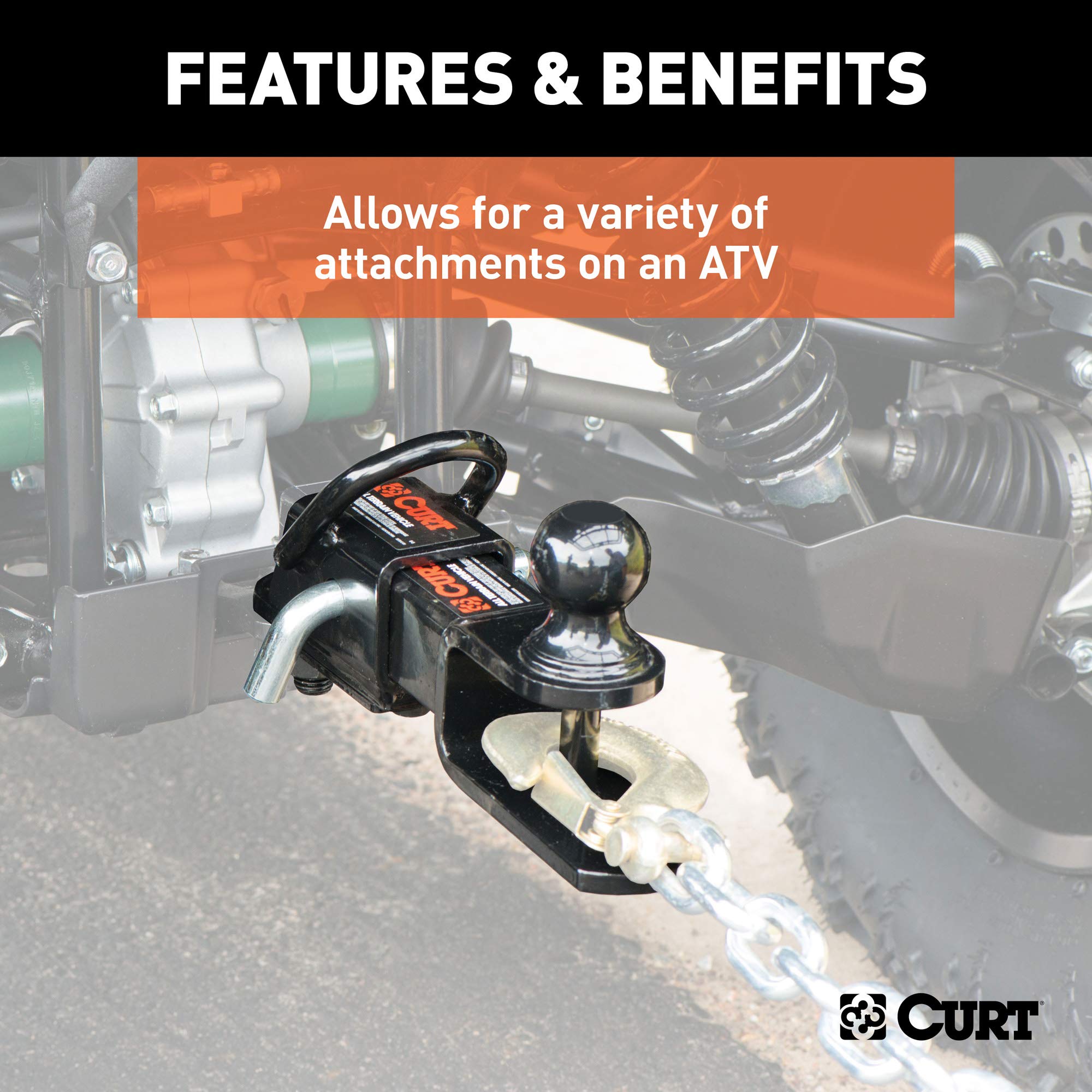 3-in-1 CURT UTV, ATV Trailer Hitch Mount with 2-Inch Receiver Adapter, 1-7/8-Inch Ball, Clevis Pin, 5/8-Inch Hole