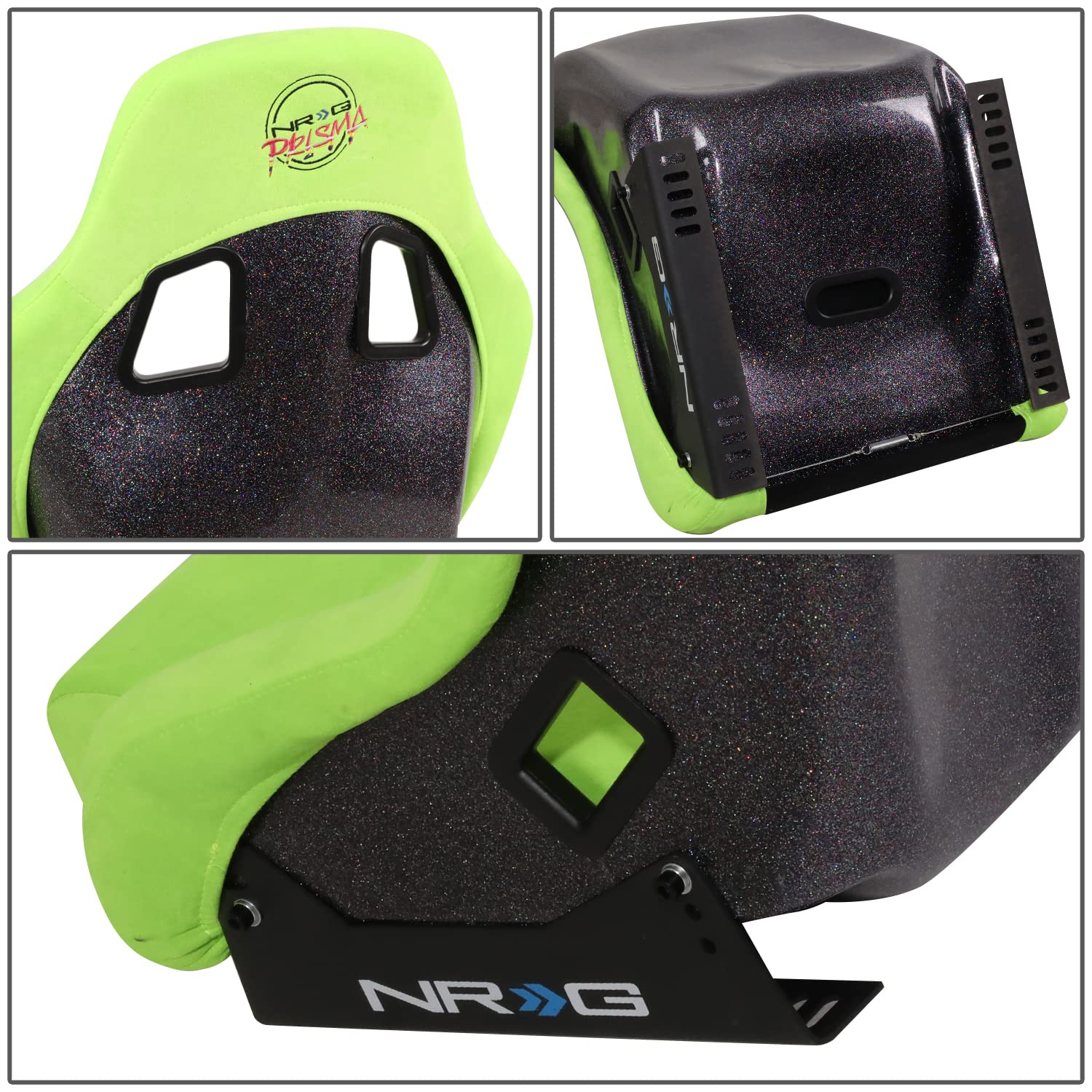 NRG Innovations Universal Fixed Back Bucket Racing Seat NRG-FRP-303NG-PRISMA for 5-Point Harnesses, Size M, Green Alcantara Material, 22" W X 34" H X 16" D