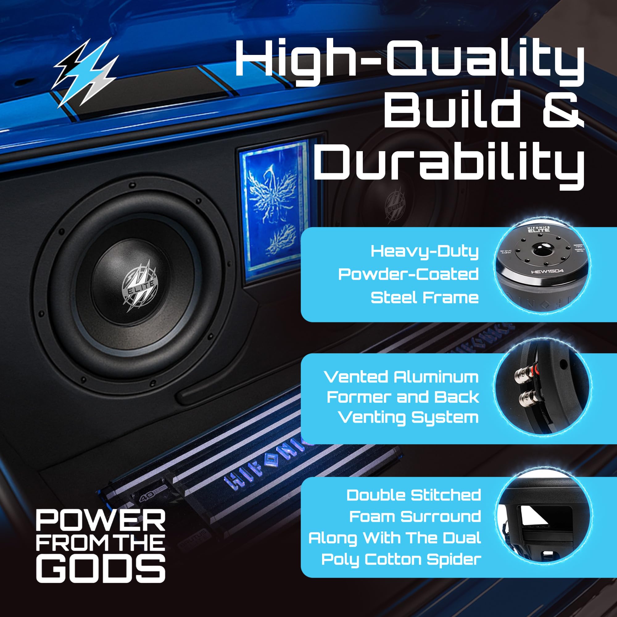 15 Inch Hifonics Elite Car Mount Subwoofer with Dual 4 Ohm Voice Coil Speaker 3000 Watt Peak Power Mobile Amplifier System, Black