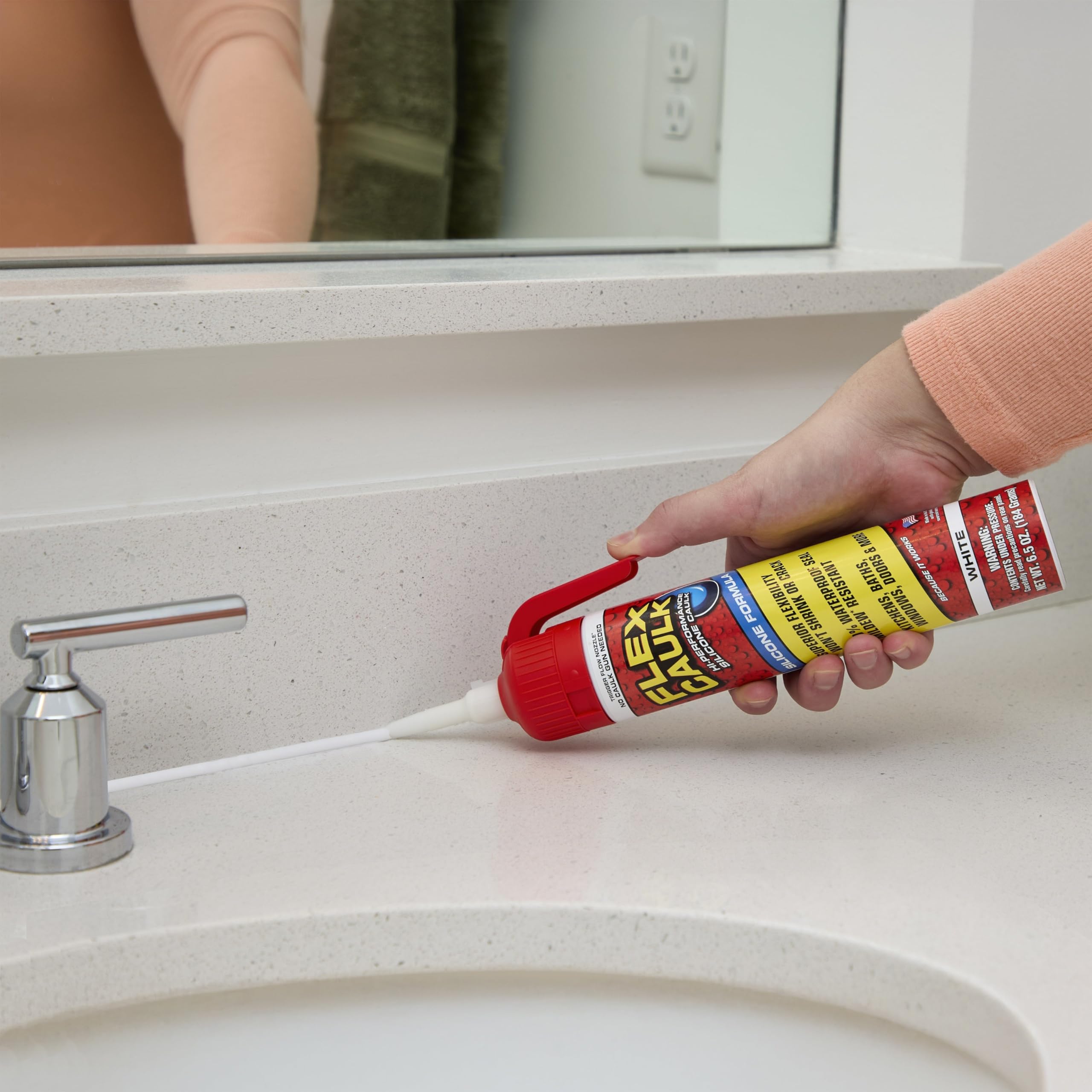 Silicone Flex Caulk, Waterproof & Weatherproof Sealant, Strong, Indoor, Outdoor, Bath, Kitchen, Shower, Sink, Window, Baseboards, Door, RV, Roof, Wood, Glass, Tile, Marine, White, 6.5 oz, 1-Pack