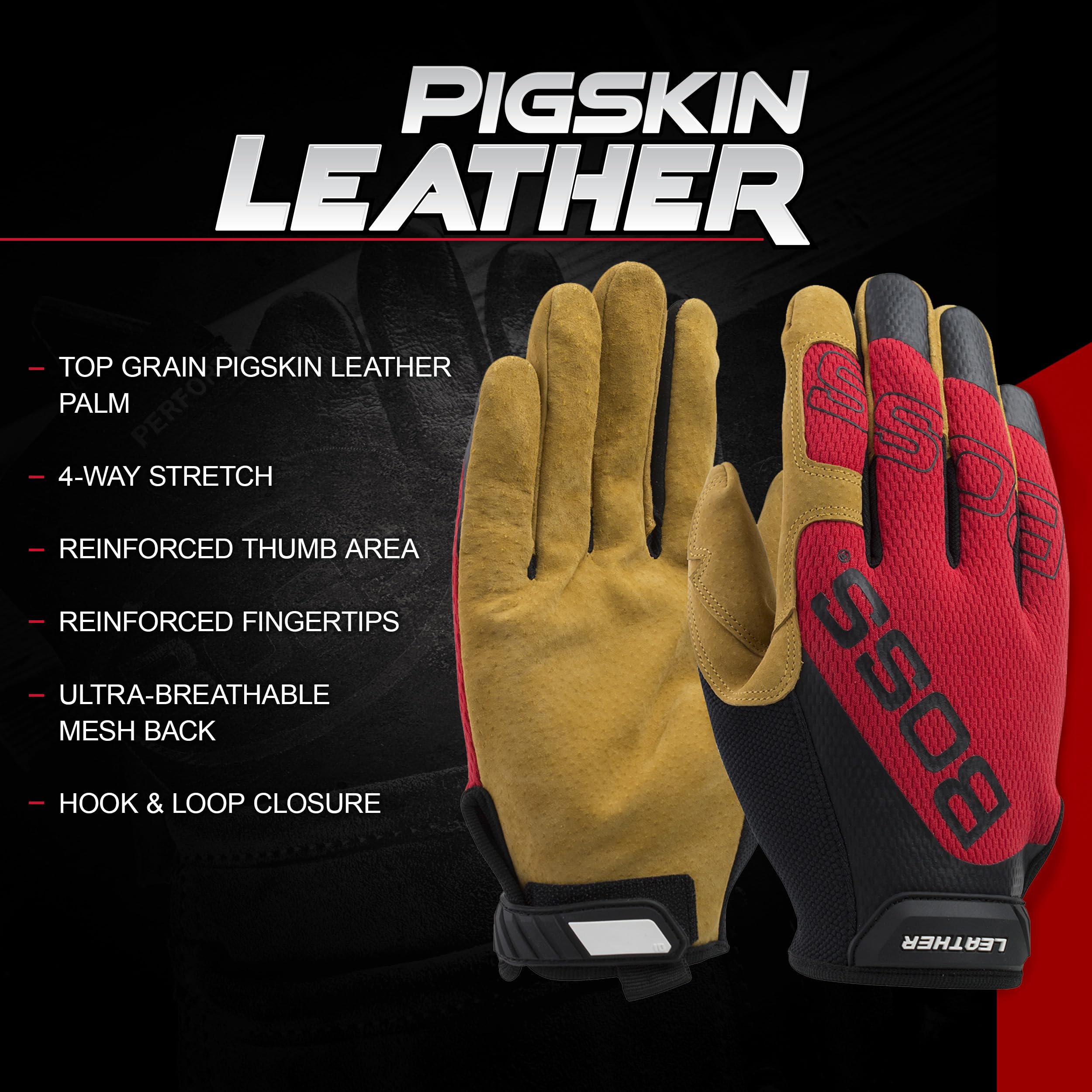 Boss Men's Safety Premium Pigskin Leather Work Gloves, Mesh Backing, Abrasion Resistant, High Dexterity, Touchscreen, Red, Yellow, 2X-Large, (120-ML1350T/XXL)