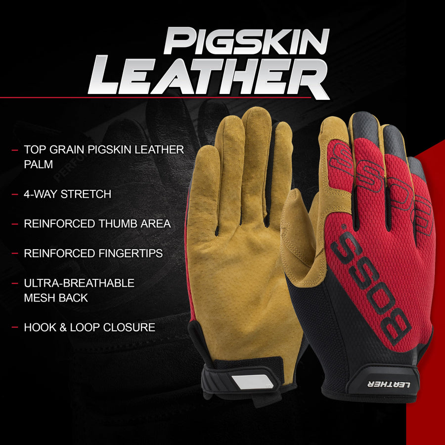 Boss Men's Safety Premium Pigskin Leather Work Gloves, Mesh Backing, Abrasion Resistant, High Dexterity, Touchscreen, Red, Yellow, 2X-Large, (120-ML1350T/XXL)