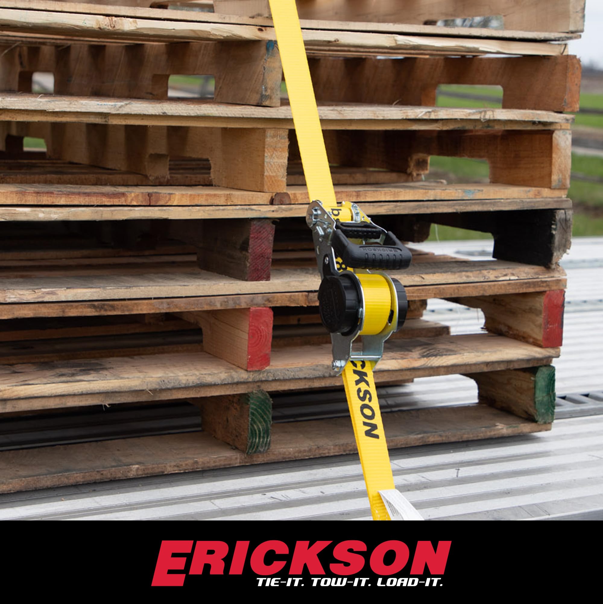 Retractable Erickson Ratchet Tie Down Strap - 1.5 in x 16 ft - 5,000 lb Break Strength, Self-Locking Mechanism, Heavy-Duty Yellow Polyester Webbing for Trucks, Trailers, ATVs, UTVs