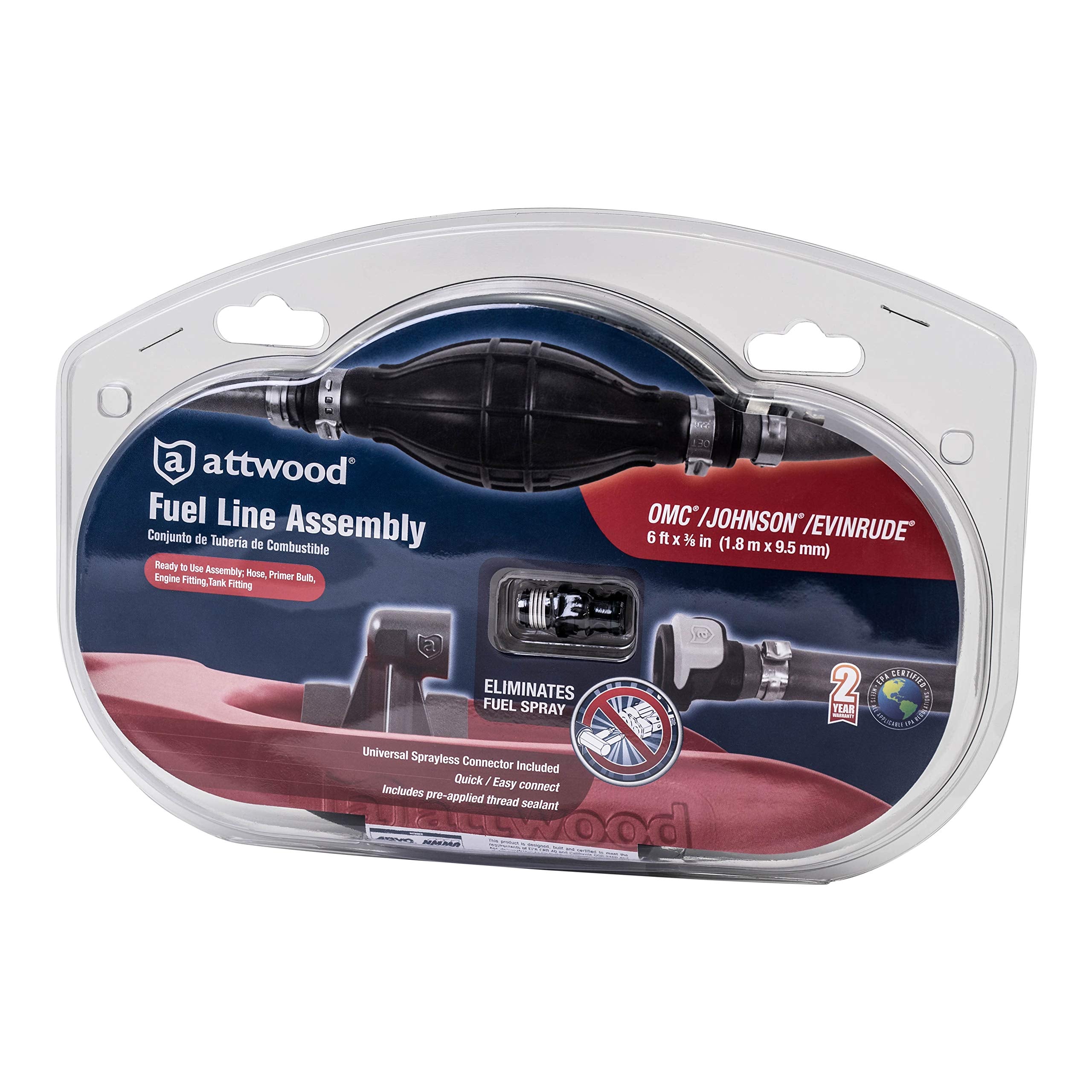Marine Boat Fuel Line Kit Attwood 93806EUS7 with Universal Sprayless Fuel Connector, 6-Foot x 3/8-Inch - Johnson/Evinrude