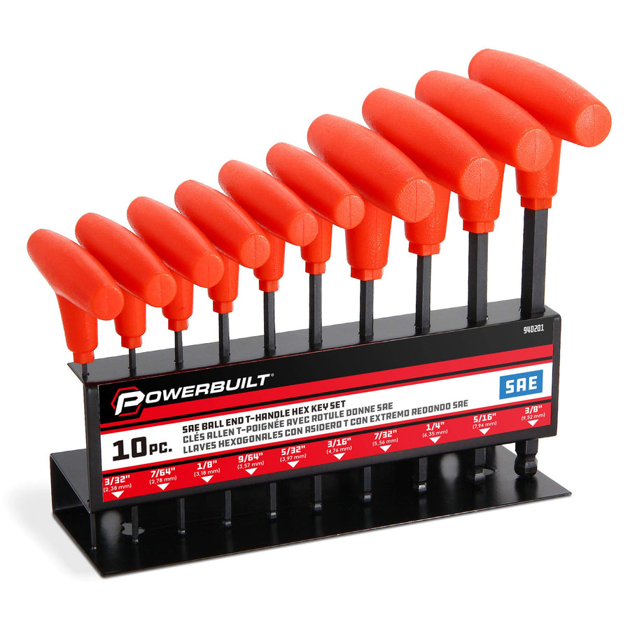 T-Handle Powerbuilt Hex Key Set, 10 Piece SAE Tools for Hex Head Cap Screws or Allen Head Bolts, Storage Rack - 940201