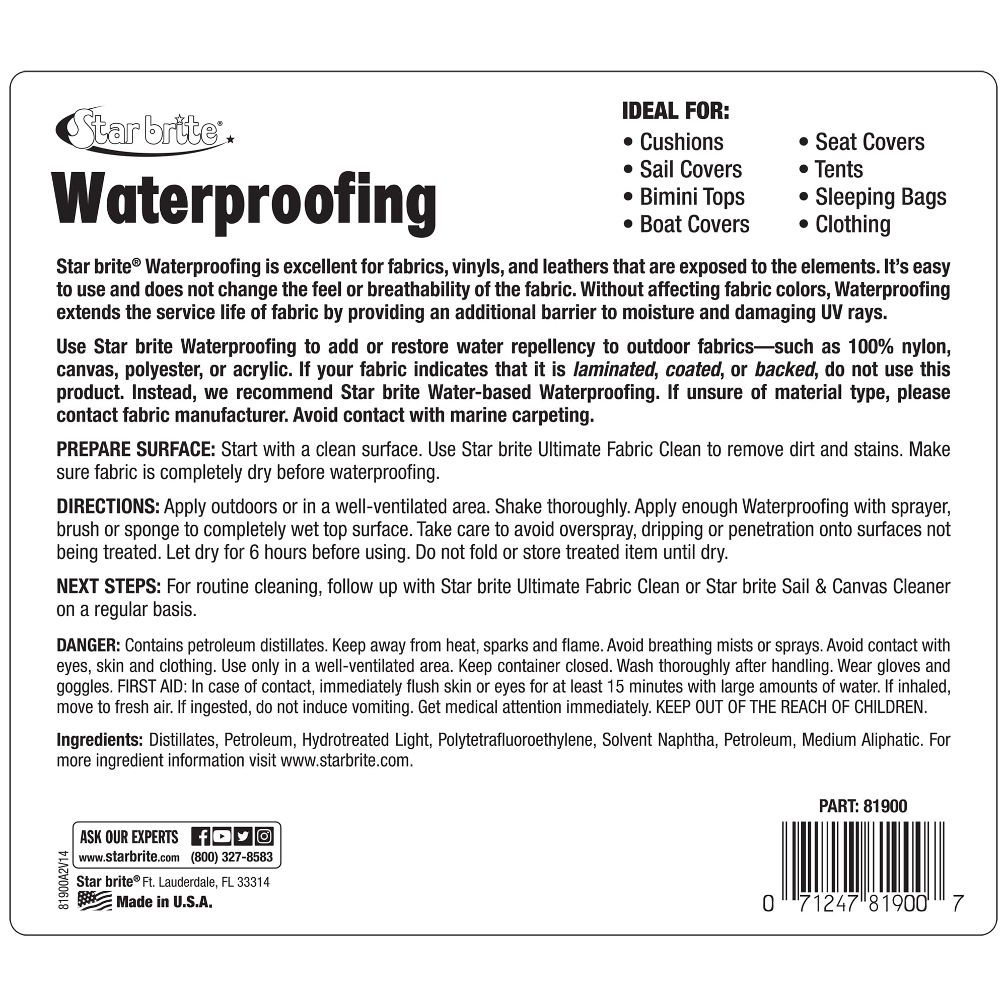 Fabric Waterproofer STAR BRITE 081900X with Stain Repellent and UV Protection - 1 Gallon