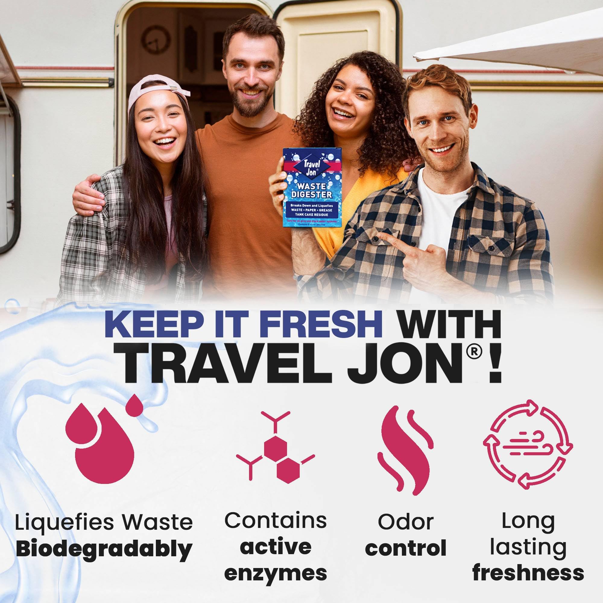 Travel Jon Waste Digester Black Tank Treatment RV - Extra-Strength Marine & RV Toilet Treatment | Liquifies Waste in Black & Gray Tanks - Odor Eliminator, Sensor Cleaner | Enzyme Drop Ins For Toilet
