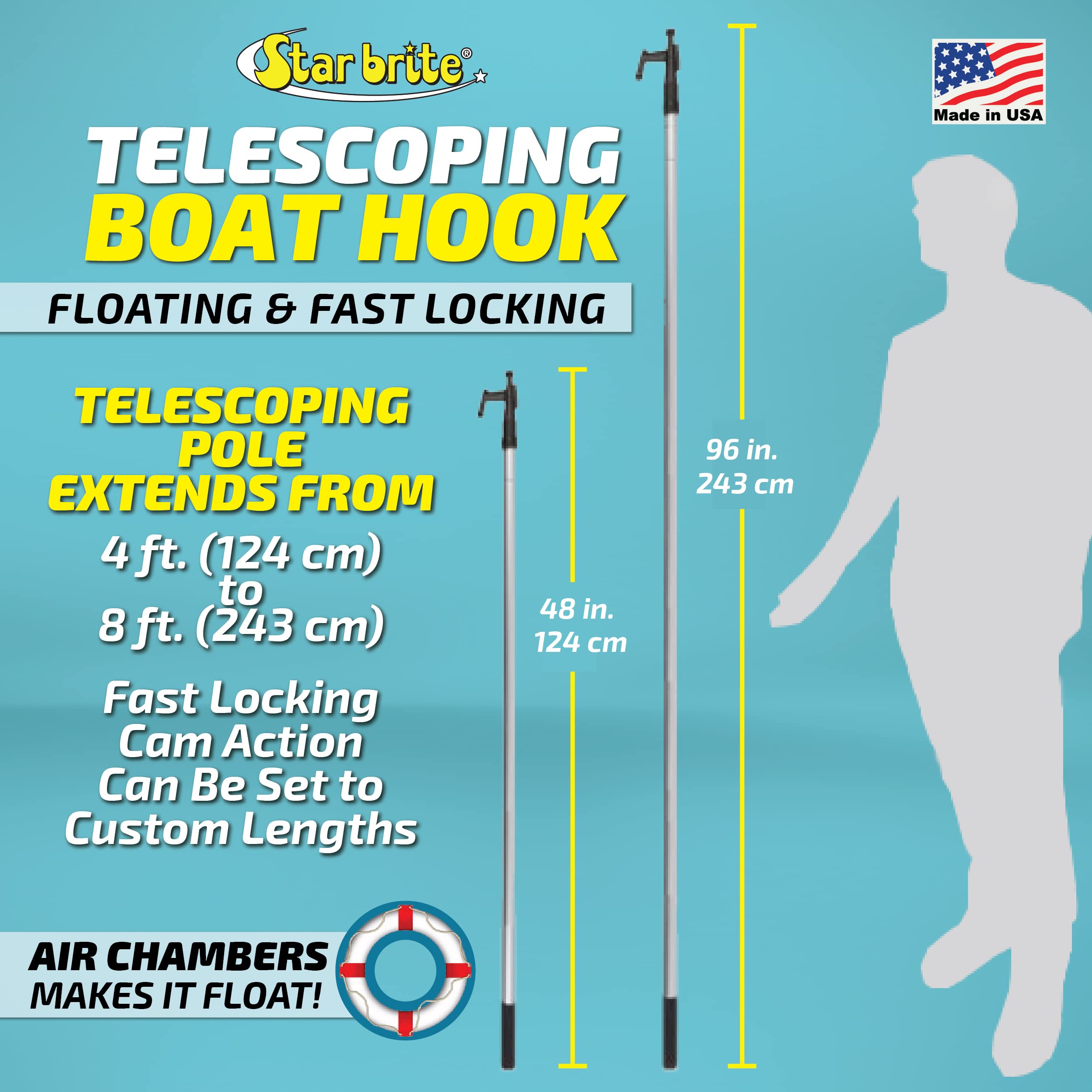 Extending STAR BRITE Boat Hook - Telescoping, Floating, Multi-Purpose - Extends from 4.5 ft. (137 cm) to 8 ft. (243 cm) (040609)