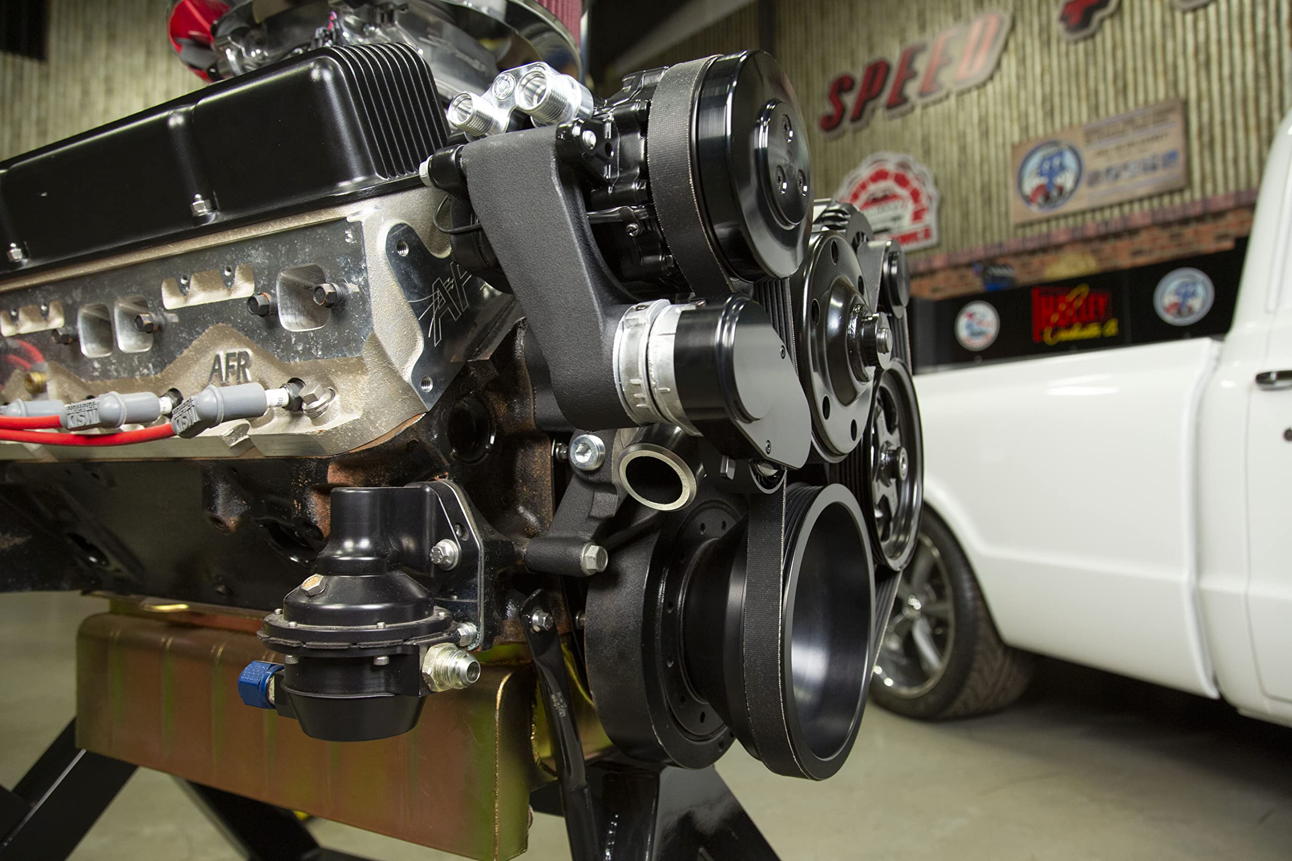 Holley Complete SBC Front Accessory Serpentine Drive Conversion System | Mid-Mount with Water Pump, Alternator, A/C & Power Steering | Fits Small Block Chevy Black Finish 20-240BK