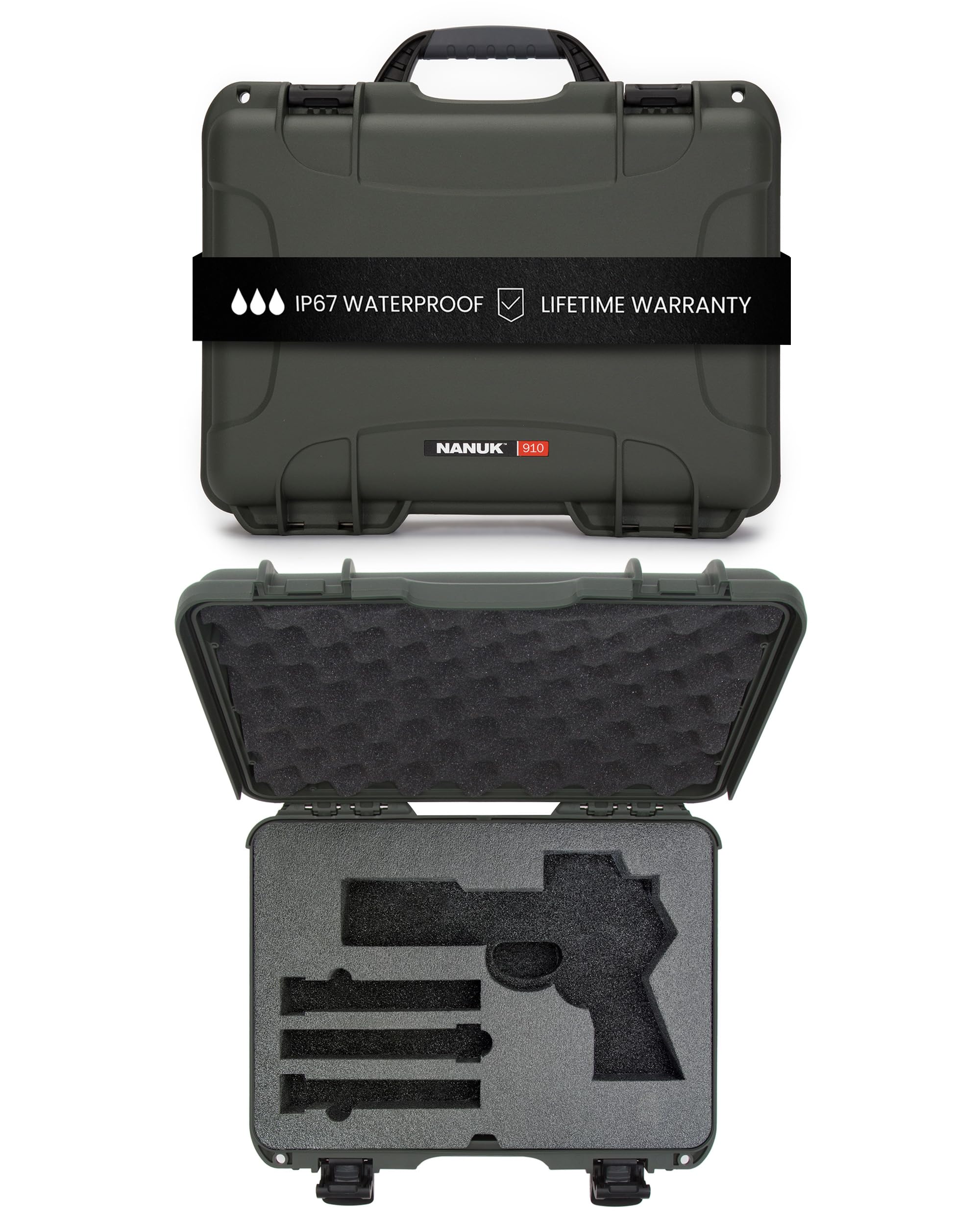 Waterproof Hard Case NANUK 910 with Foam Insert for Pistol Optic Ready, Olive