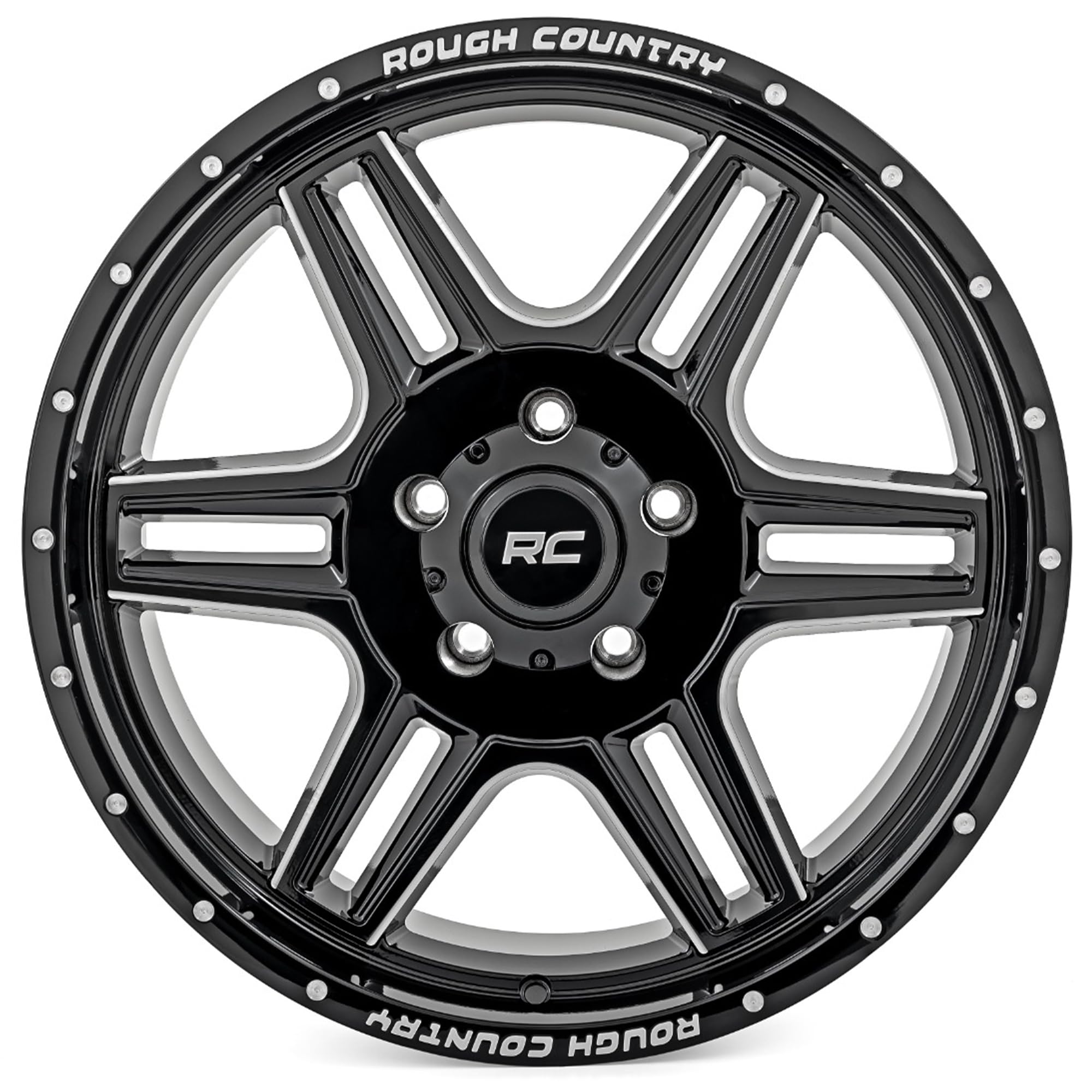 92 Series Rough Country Wheel - 18x9, 6x5.5 Bolt Pattern, +0mm Offset, Single-Piece Aluminum, Gloss Black with Milled Accents