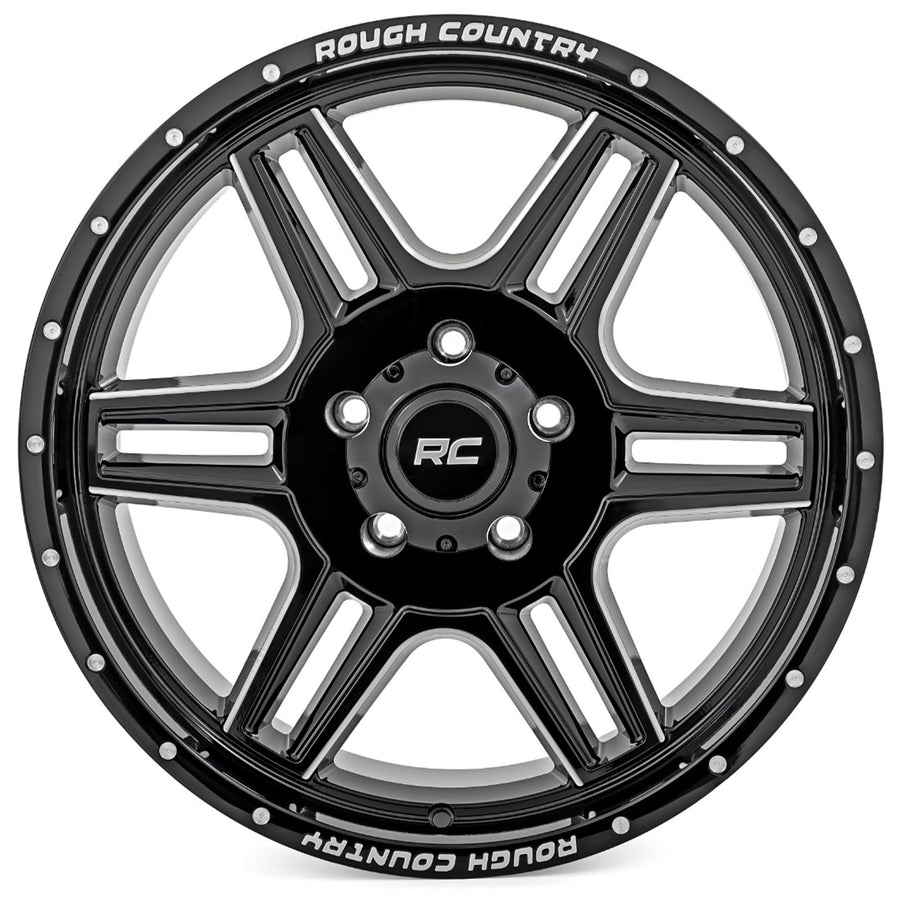 92 Series Rough Country Wheel - 18x9, 6x5.5 Bolt Pattern, +0mm Offset, Single-Piece Aluminum, Gloss Black with Milled Accents