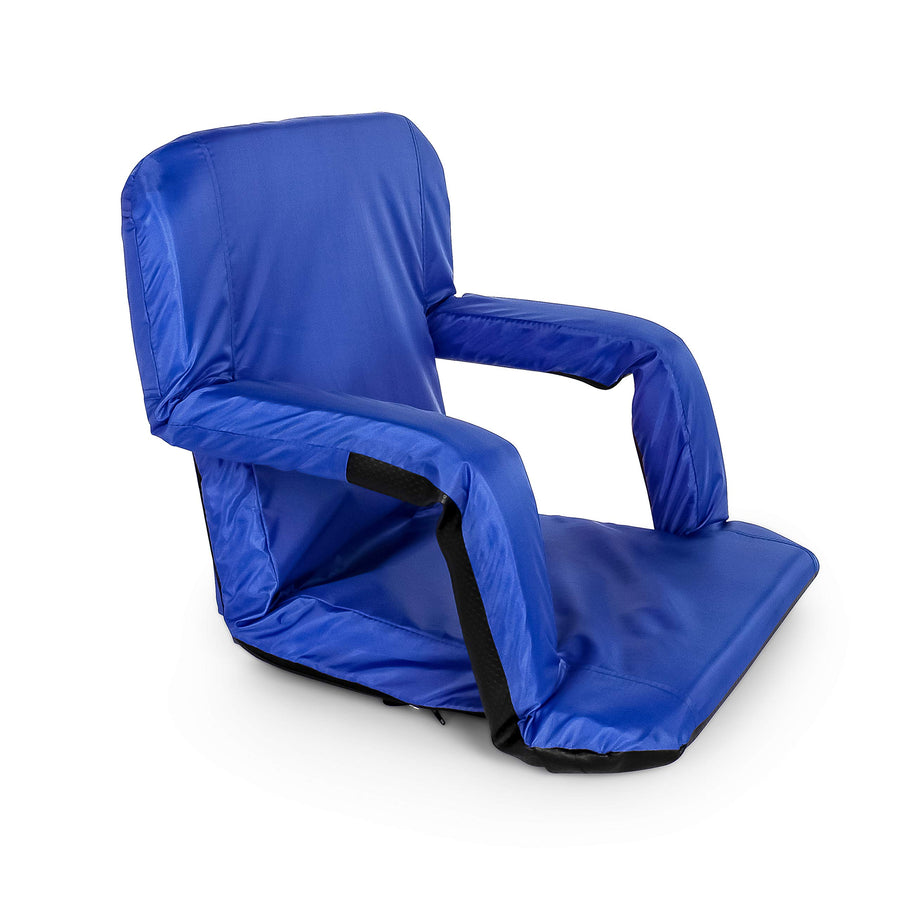 Portable Stadium Seat Camco | Steel Frame w/Padded Cushion Seat, Back Support & Armrests | Invertible Armrests for Wider Seat & Non-Skid Bottom | Great for Camping, RVing, Picnic & More | Blue (53095)