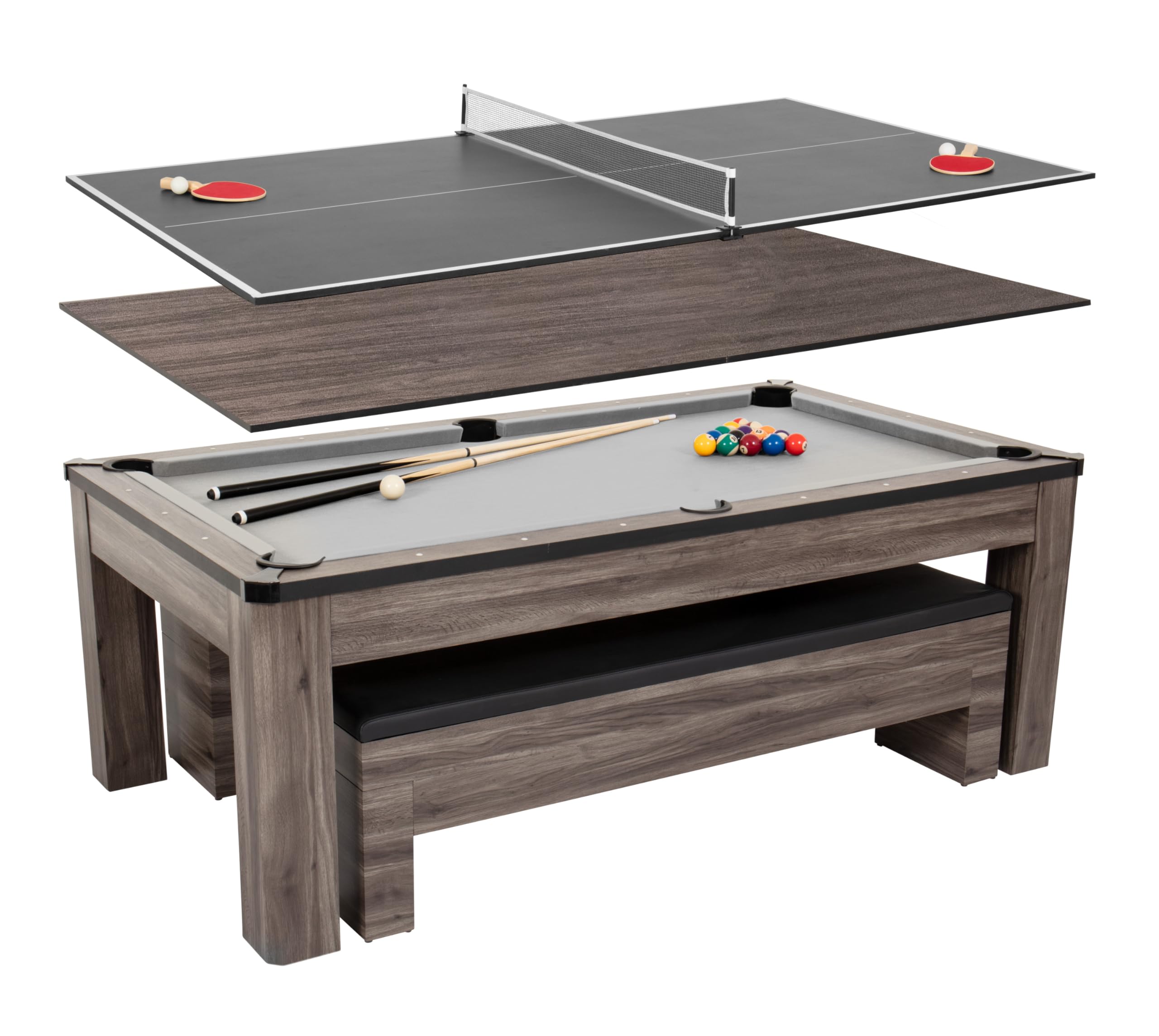 Hampton Atomic 3-in-1 Combo Table - Billiards, Ping Pong, and Dining Table All-In-One - Instant Transformation - Premium Black Felt - XL Bench Storage for All Accessories - Modern Design