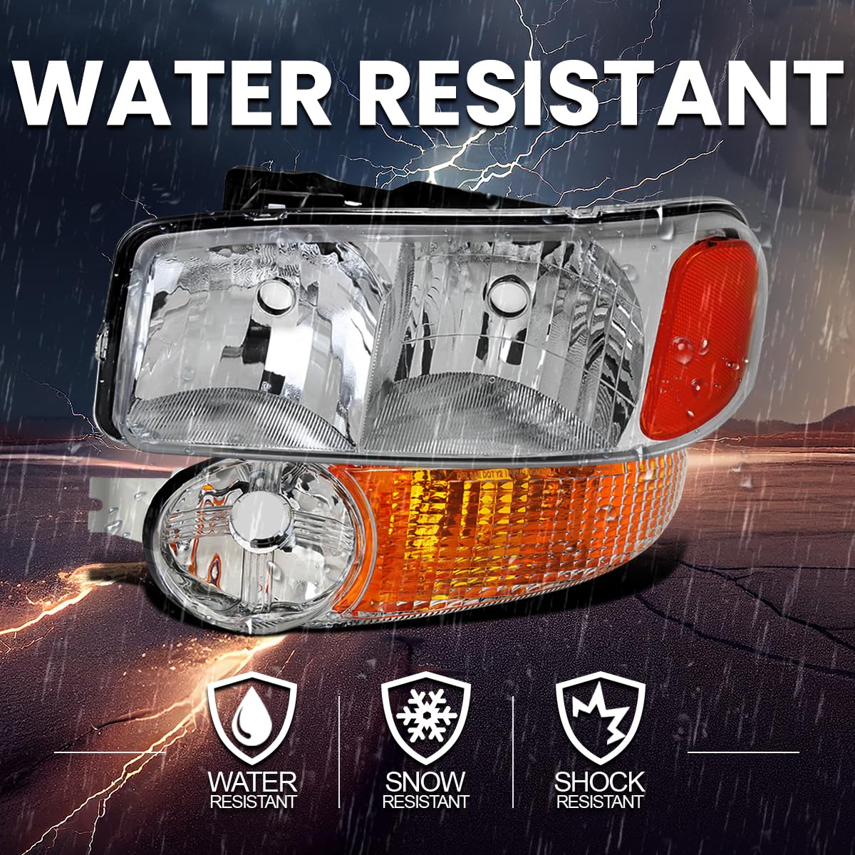 Chrome Headlights + Spec-D Tuning Bumper Lamps Compatible with 2000-2006 GMC Sierra 1500 2500 Yukon XL Denali, Left + Right Pair Assembly