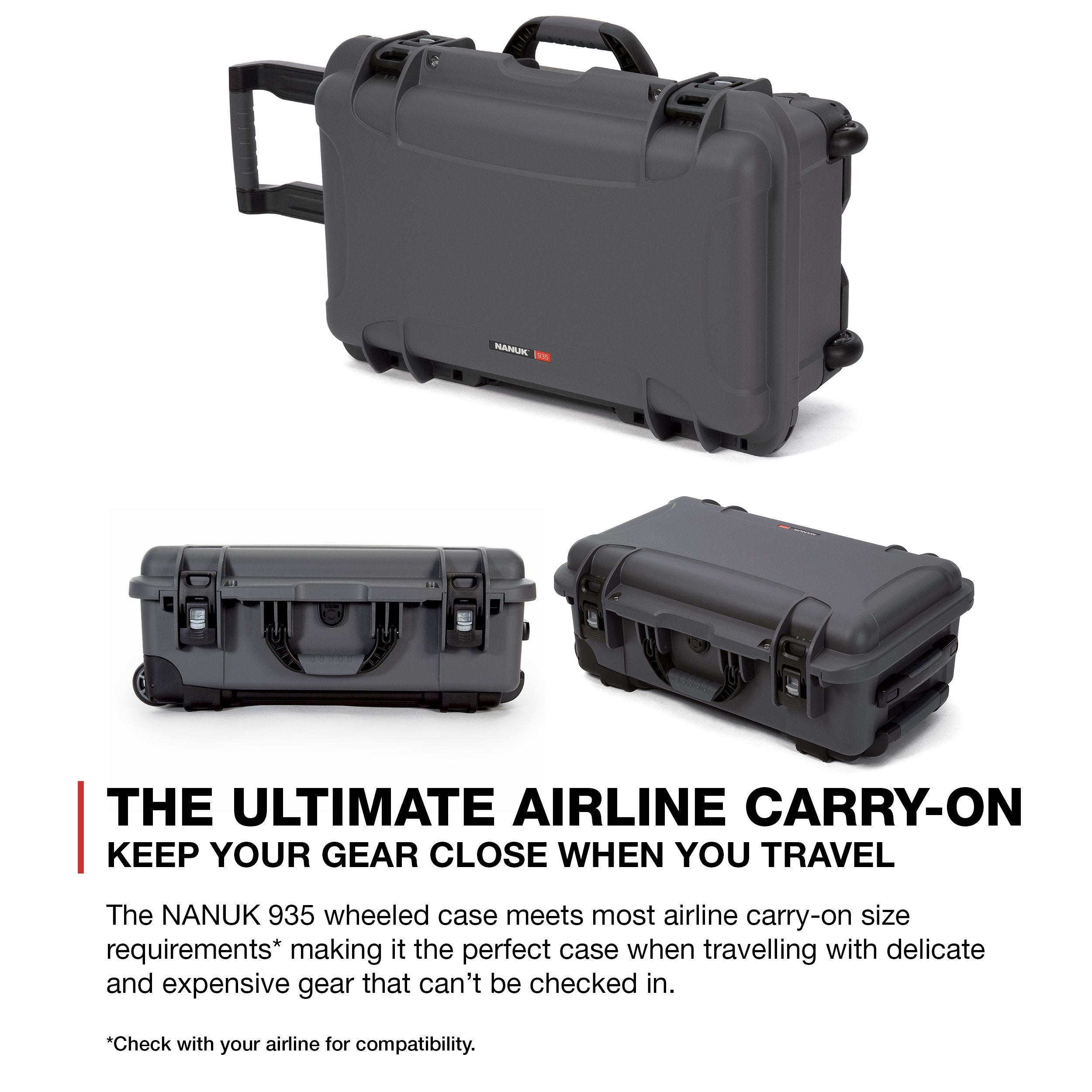 Protective Travel Case Nanuk 935 for 3 Bottles of Wine w/Wheels and Extendable Handle, TSA Approved - Graphite,935-3BTLS7