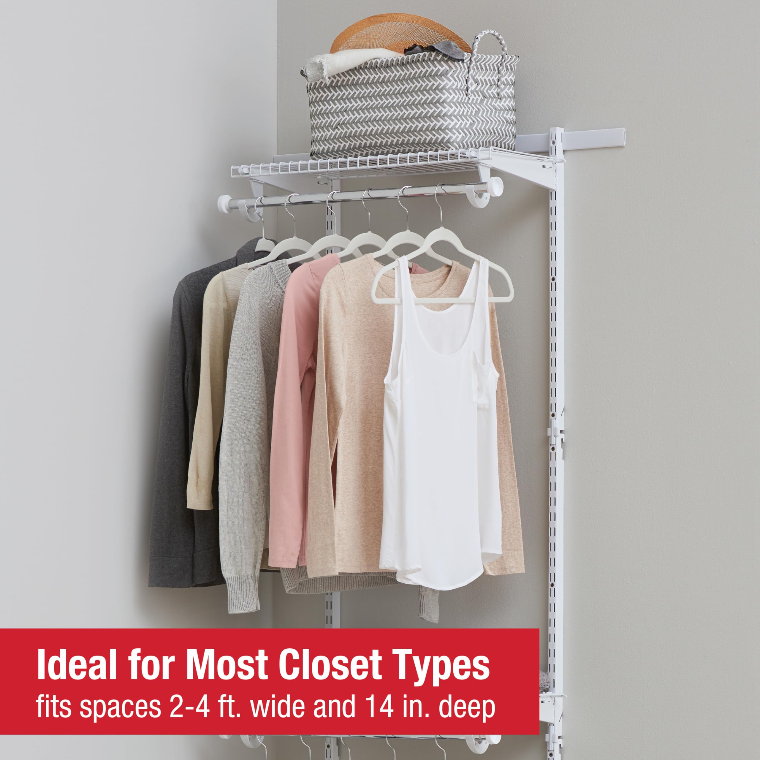 Configurations Rubbermaid Custom Closet Kit 2-4 Ft. Adjustable Metal Wire Shelving White Finish Expandable Organization System Hardware Included for Home Closet/Pantry/Laundry/Mudroom