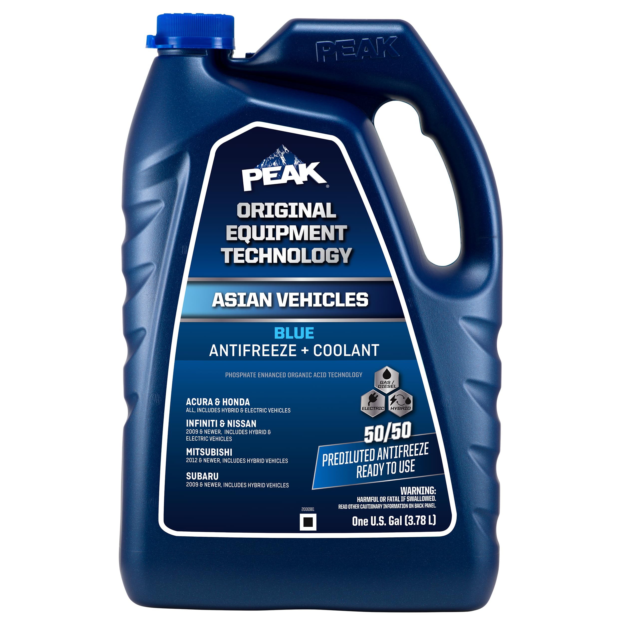 50/50 Prediluted Antifreeze/Coolant PEAK OET Extended Life Blue for Asian Vehicles, 1 Gal.