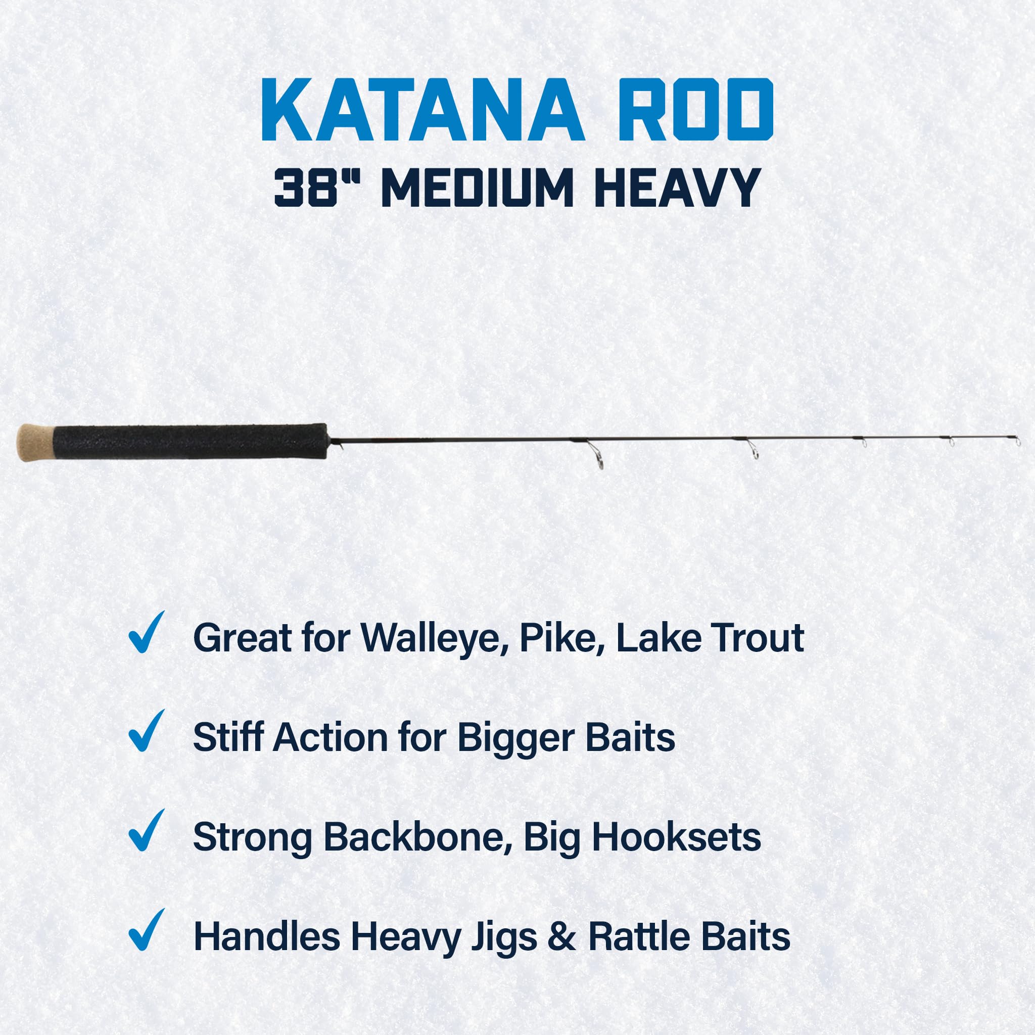 38" Katana Medium Heavy Ice Fishing Rod – Solid 30T Graphite Carbon Blank, Lightweight Tsuka Handle, Oversized Fly Guides, Power & Sensitivity for Big Winter Catches