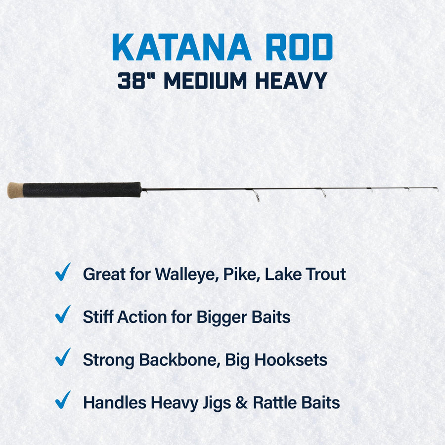 38" Katana Medium Heavy Ice Fishing Rod – Solid 30T Graphite Carbon Blank, Lightweight Tsuka Handle, Oversized Fly Guides, Power & Sensitivity for Big Winter Catches