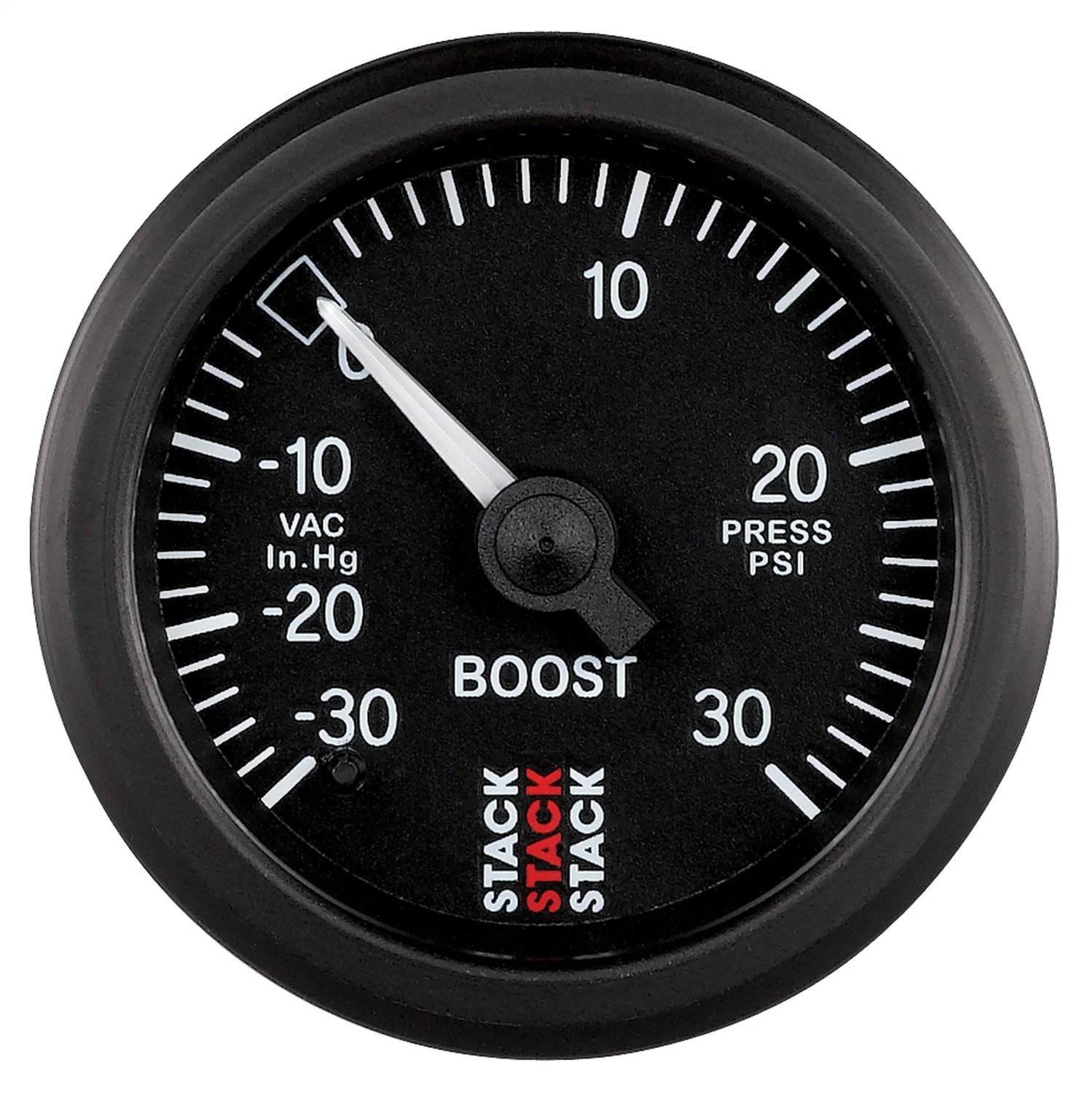 Stack ST3112 52mm Black -30 inHg to +30 PSI Universal T-Fitting Mechanical Boost Pressure Gauge