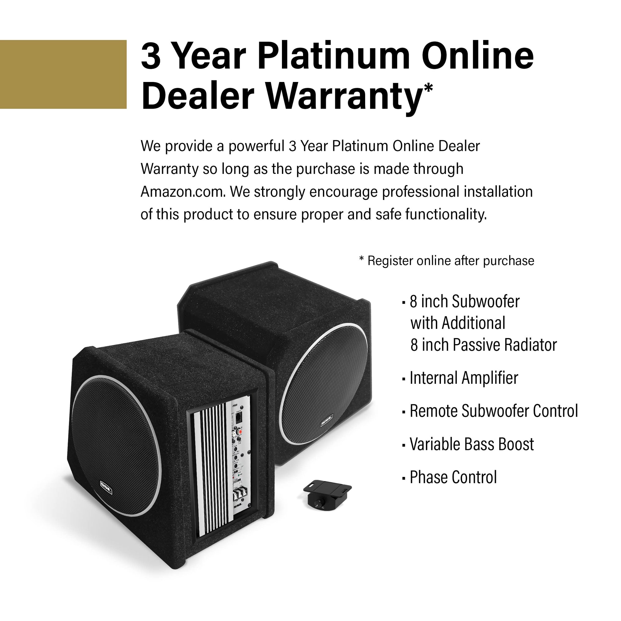 PB8 Sound Storm Laboratories Car Subwoofer and Amp Package – Built-in Amplifier, 8 Inch Subwoofer with Passive Radiator, Remote Subwoofer Control