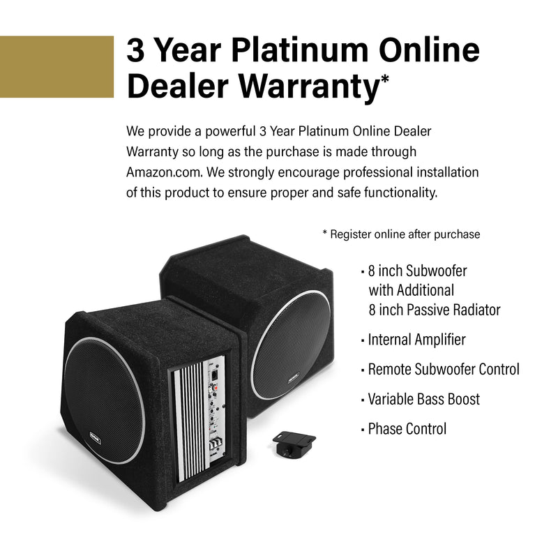 PB8 Sound Storm Laboratories Car Subwoofer and Amp Package – Built-in Amplifier, 8 Inch Subwoofer with Passive Radiator, Remote Subwoofer Control